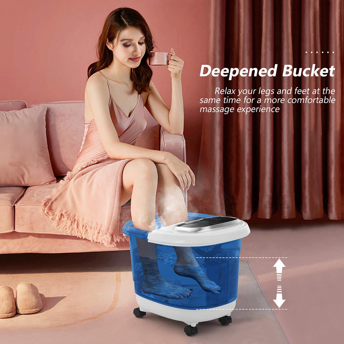 Giantex Electric Foot Spa Bath Massager with Heat - Adjustable Water Shower, Motorized Shiatsu Massage Balls, 2 Maize Rollers, Time & Temperature Control, LED Display - Perfect for Home Relaxation & Pedicure Care (Navy Blue)