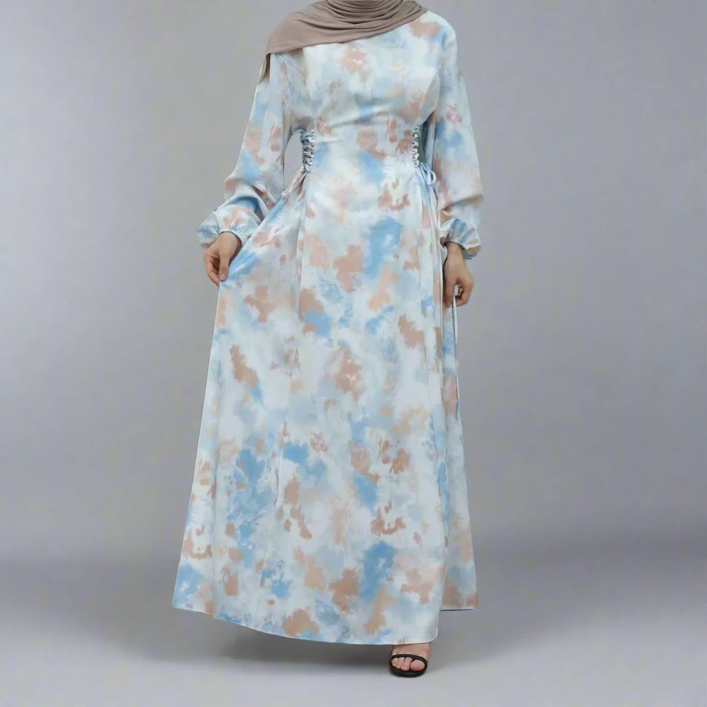 Elegant Satin Printed Abaya Dress for Women - Modest Islamic Fashion #24853 - Perfect for Prayer, Eid, and Special Occasions
