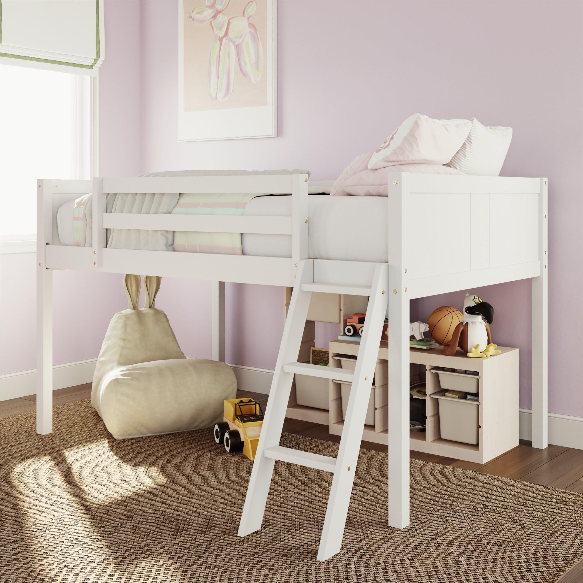 Merax White Wooden Low Loft Bed with Ladder & Safety Guardrail - Space Saving Twin Size Bed for Kids & Teens - No Box Spring Needed - Perfect for Small Bedrooms, Dorm Rooms & Studio Apartments