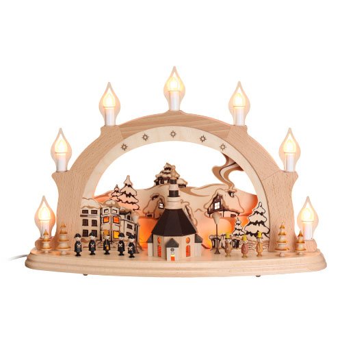 Rudolphs Schatzkiste Electric Candle Arch with 7 Candles - Seiffner Church Design with Interior Lighting, 39cm Ore Mountains Christmas Decoration | Perfect for Holiday Home Decor, Winter Table Centerpiece & Gift