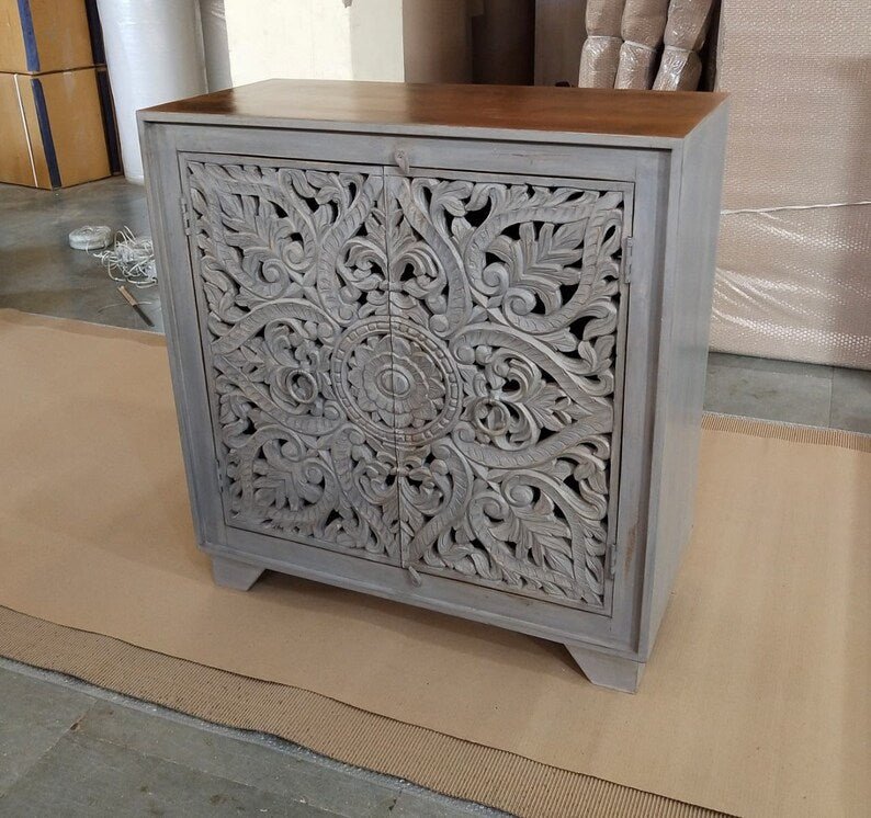 Exquisite Hand-Carved Indian Wooden Cabinet - Traditional Solid Wood Storage Furniture with Ornate Doors | Perfect for Living Room Decor, Bedroom Storage & Ethnic Home Décor