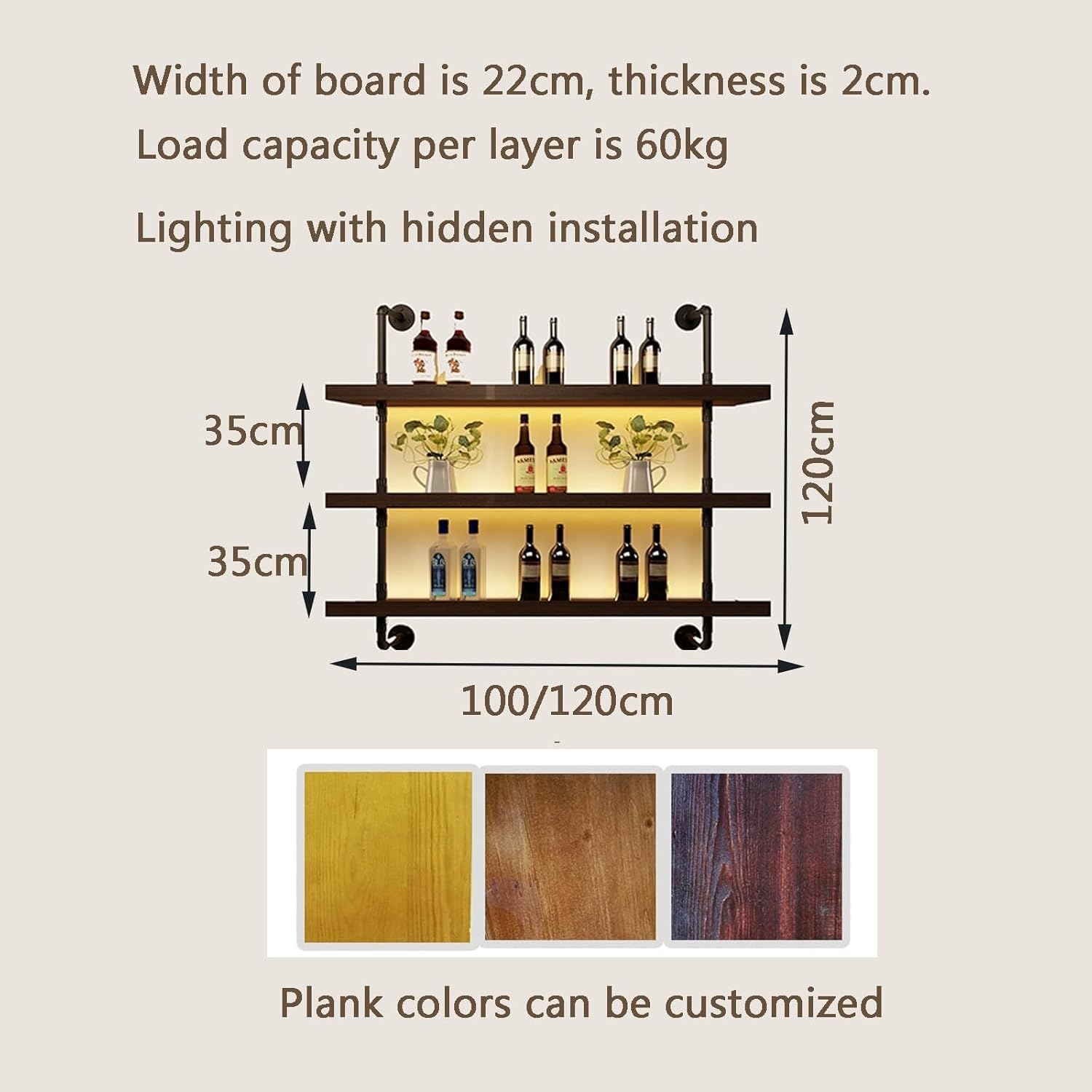 Premium Solid Wood Wall Mounted Wine Rack with LED Lights - Large Floating Shelf for Liquor Bottles Storage (47.2x8.7x47.2in, Black) - Perfect for Home Bar, Dining Room Decor & Modern Kitchen Display