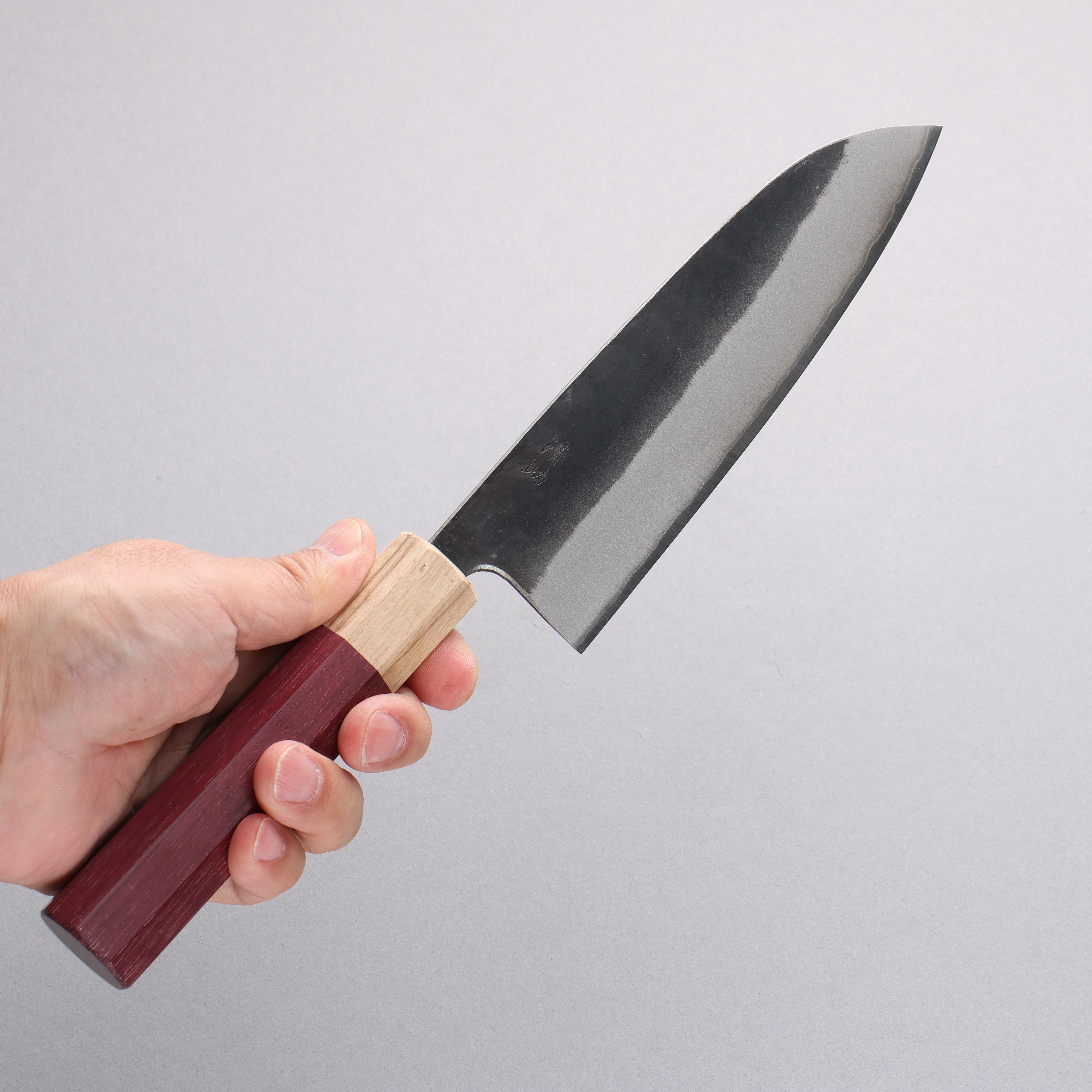 Premium Seisuke Blue Steel No.2 Santoku Knife 170mm - Black Finish, Purpleheart & Oak Handle - Professional Japanese Kitchen Knife for Slicing, Dicing & Chopping Vegetables, Meat & Fish