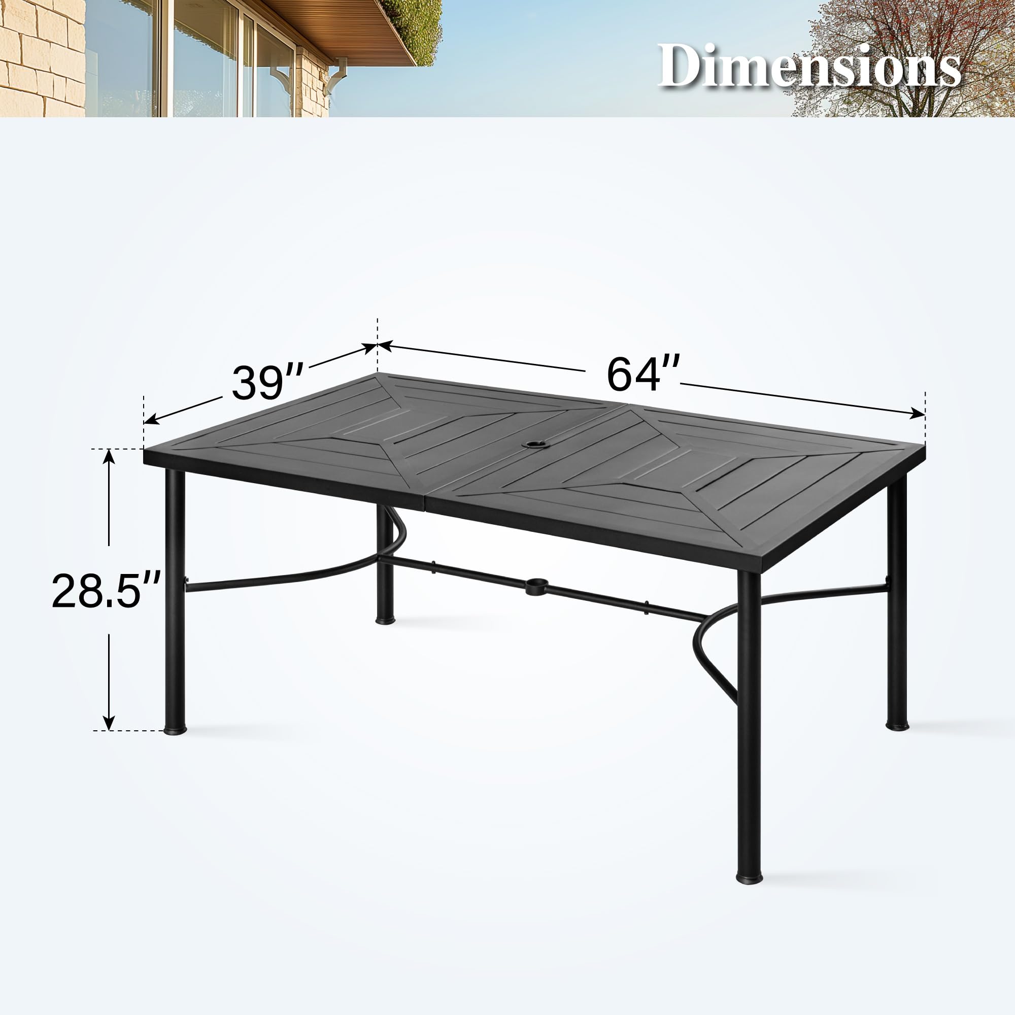 HERA'S HOUSE 64 Inch Outdoor Dining Table with Umbrella Hole - Weather Resistant Rectangular Patio Table for Garden, Backyard, Lawn - Perfect for Outdoor Entertaining, BBQ Parties & Family Gatherings