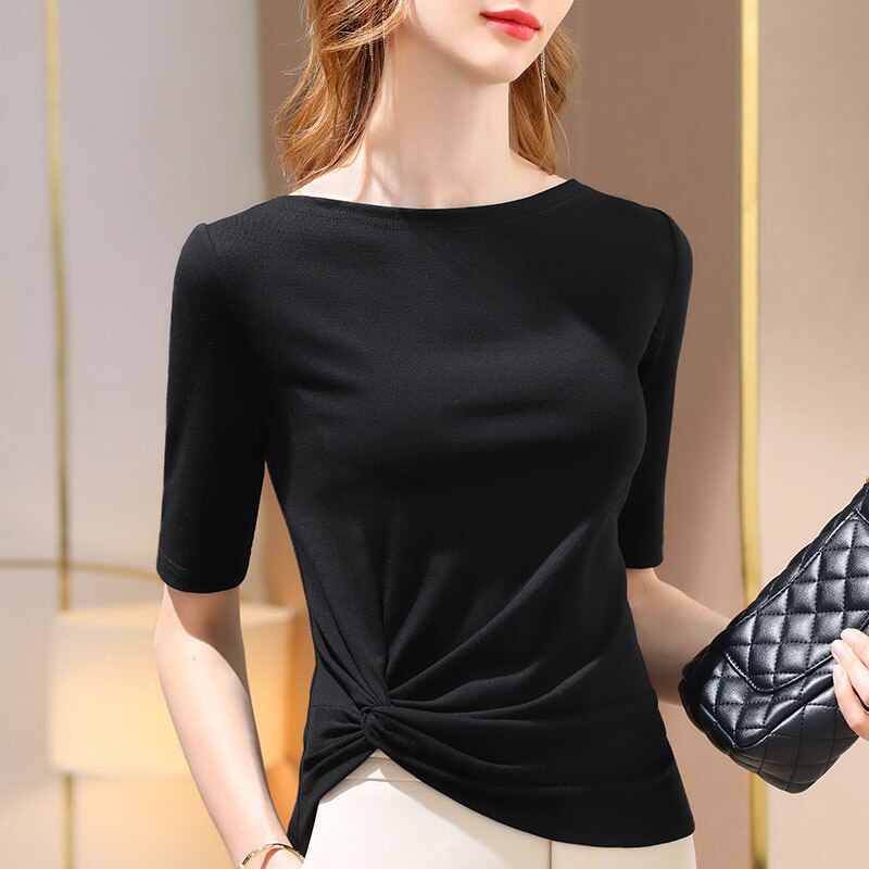 Women's Slash Neck Solid Color T-Shirt - Comfortable Casual Basic Tee for Everyday Wear, Workout & Layering