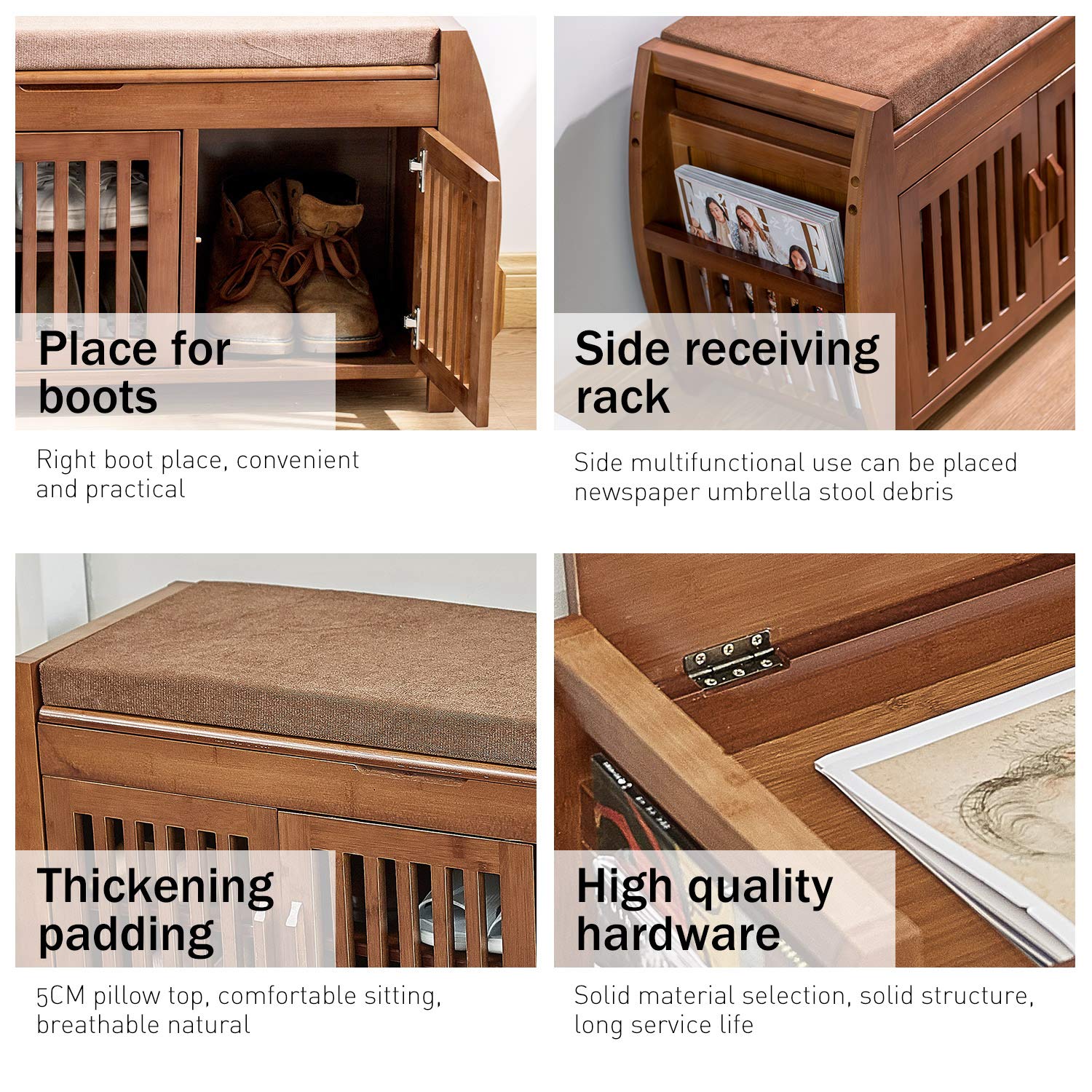 Stylish Bamboo Shoe Storage Bench with Detachable Cushion & Hidden Compartment - Entryway Organizer, Shoe Rack Cabinet for Hallway & Bedroom - Perfect for Small Spaces, Mudroom & Closet Organization