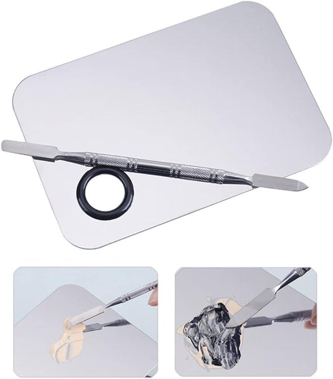 Shidara Stainless Steel Makeup Mixing Palette with Spatula - Professional Cosmetic Mixing Plate for Foundation, Eyeshadow, Eyelash & Nail Art | Silver | 1 Piece | Ideal for Makeup Artists & Beauty Enthusiasts