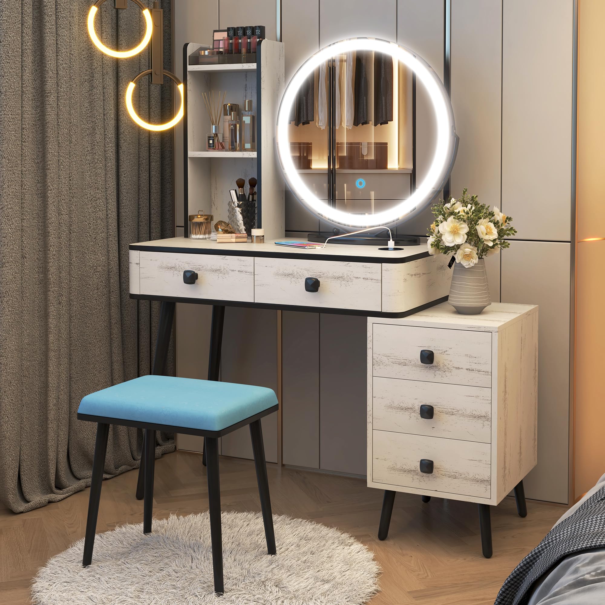 LVSOMT Vanity Desk with Mirror and LED Lights - Makeup Vanity Table with 3-Color Adjustable Lighting & USB Charging Station, 5-Drawer Dressing Table with Stool for Women & Girls (White Wood) - Perfect for Bedroom, Dorm Room, and Beauty Salon Makeup Application