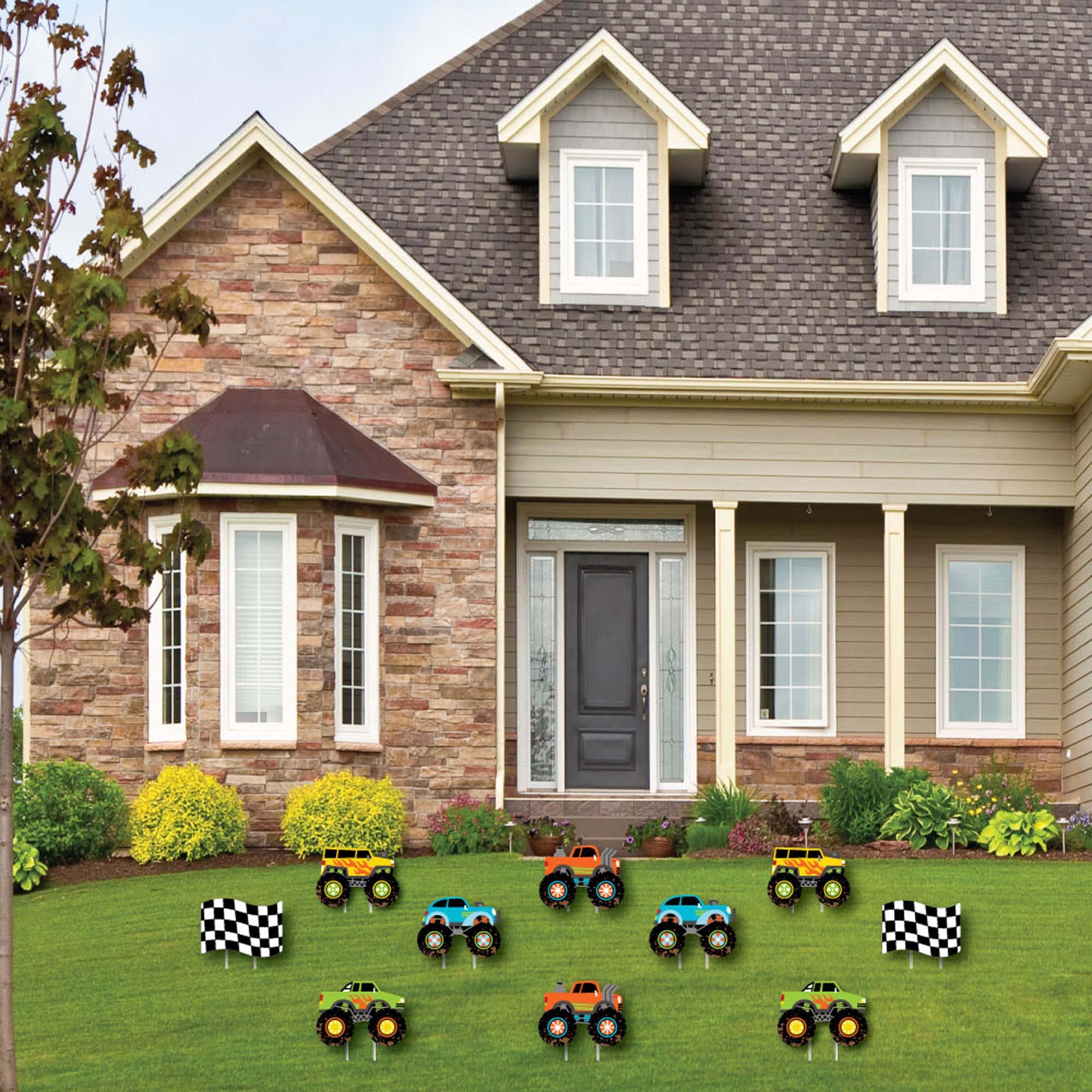 Big Dot of Happiness Smash and Crash Monster Truck Lawn Decorations - 10 Piece Outdoor Birthday Party Decor for Boys - Perfect for Yard Parties, Kids Events & Themed Celebrations