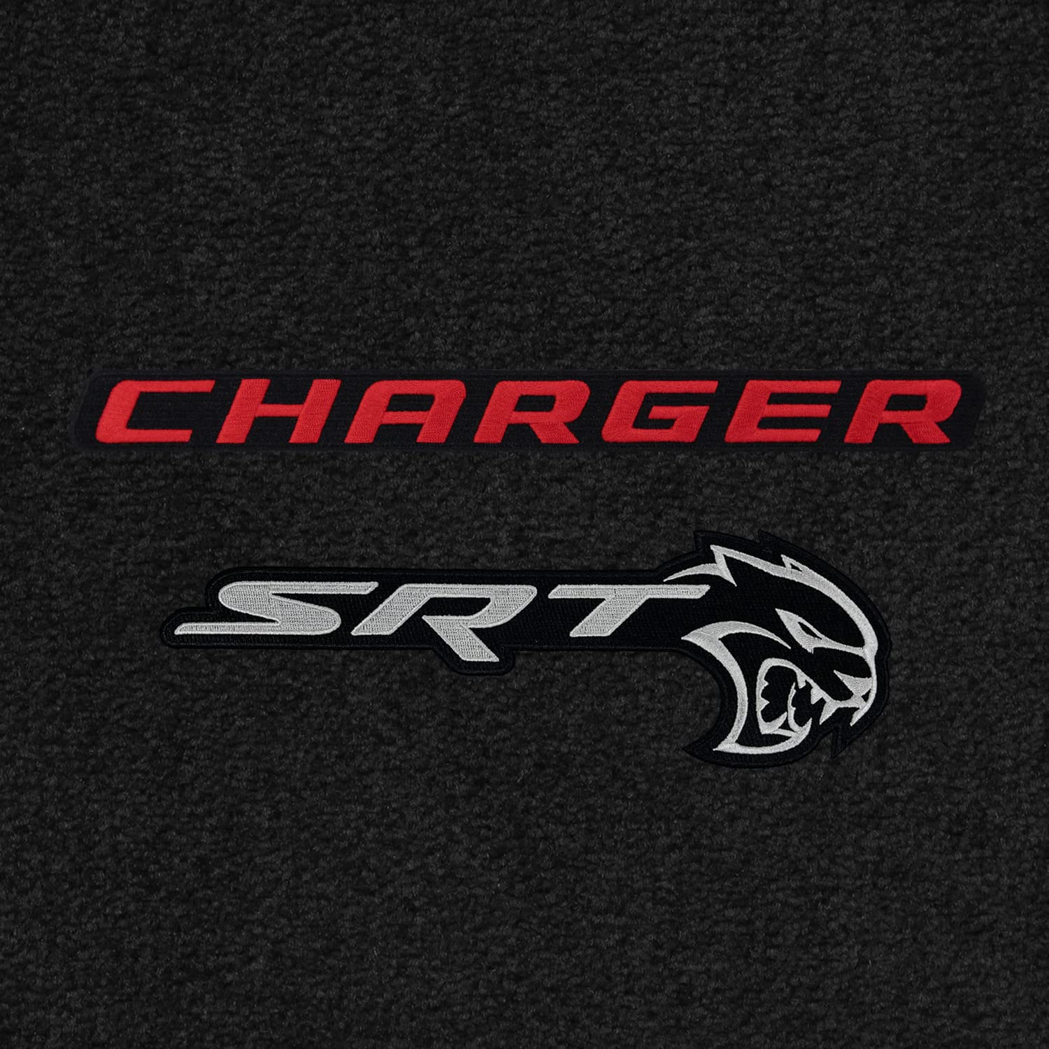 Premium Custom-Fit Carpeted Floor Mats for Dodge Charger AWD 2015-2023 | Luxury Car Floor Liners with SRT Hellcat Logo (4-Piece Set, Front & Rear, Charcoal/Red) - Perfect for Daily Commuting, Road Trips & Car Shows