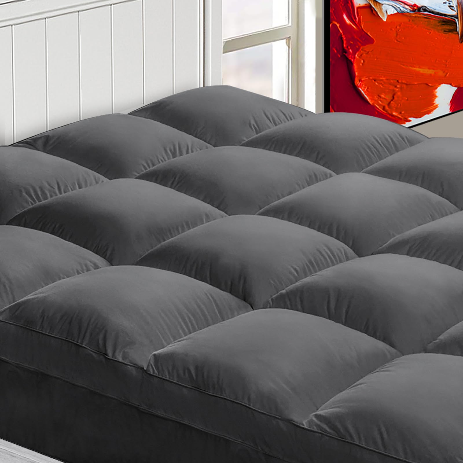 Extra Thick Full XL Mattress Topper for Back Pain Relief - Plush Pillow Top Mattress Pad Cover with Deep Elastic Pocket - Grey - Perfect for Side Sleepers & Pressure Point Support