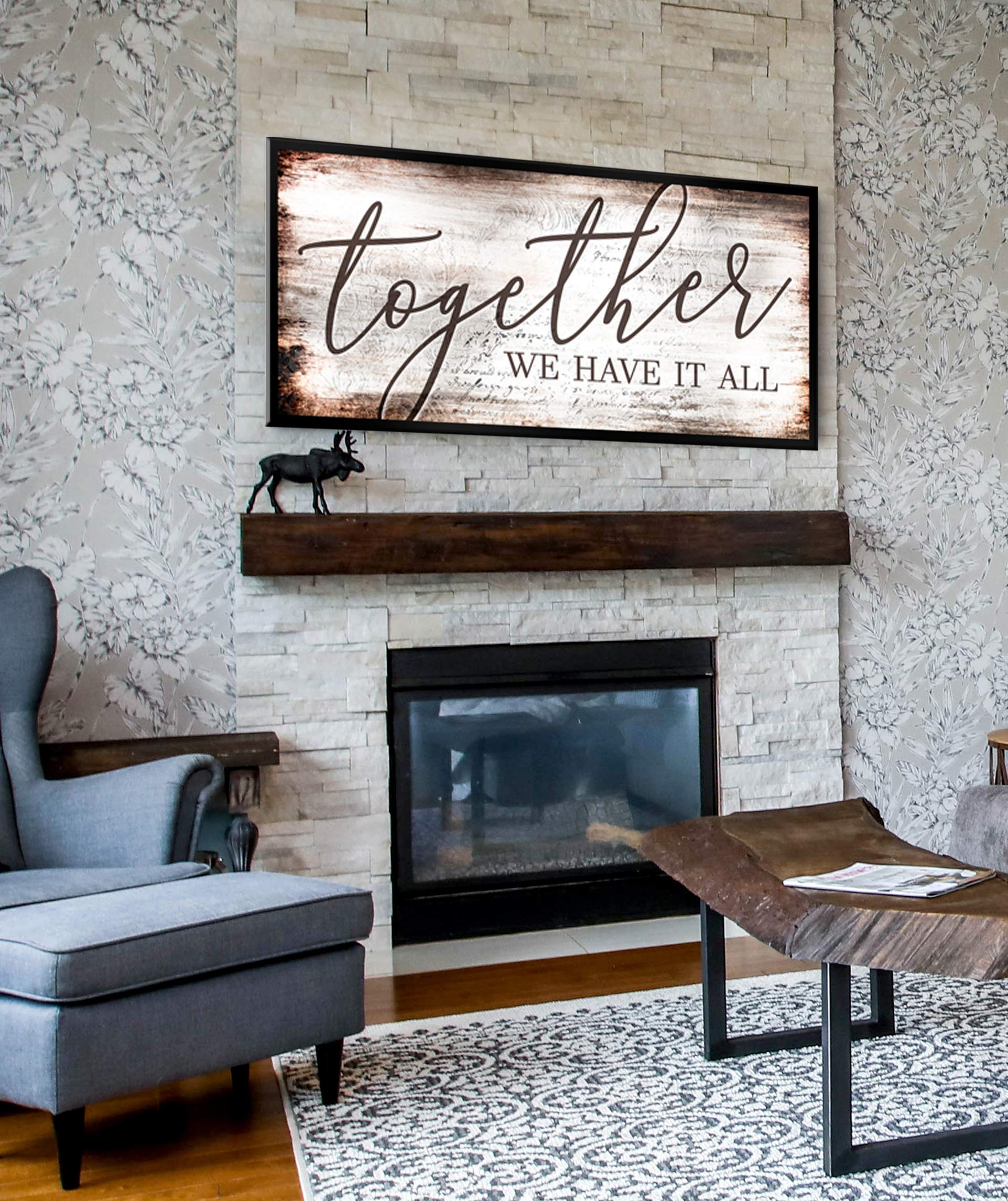 Together We Have It All Sign - Romantic Wedding & Couples Gift - Brown Wooden Wall Art with Black Floating Frame (60x27 in) - Perfect for Bedroom Decor, Anniversary Present & Home Décor