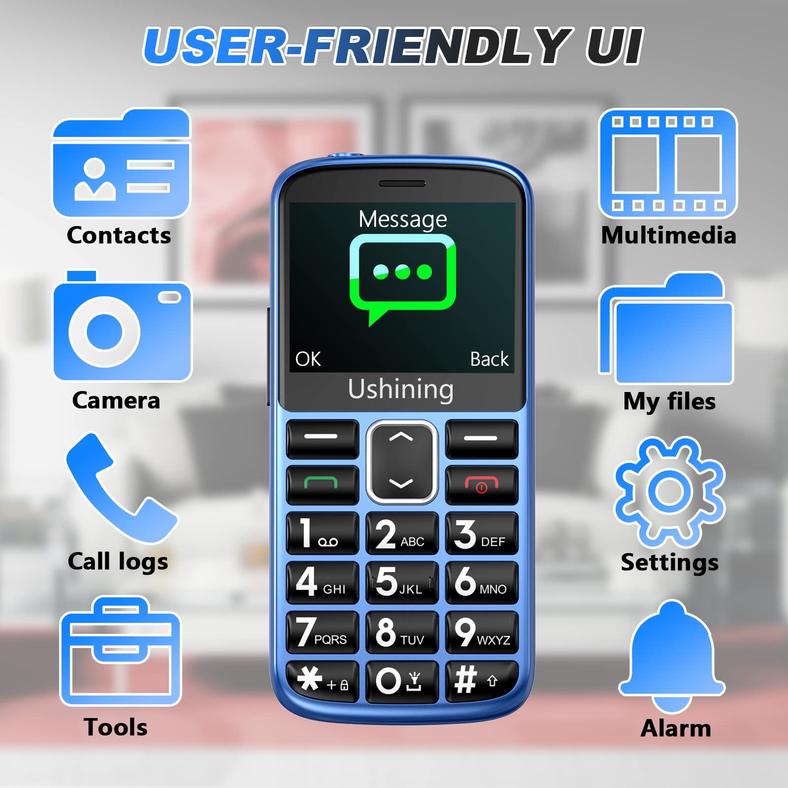 CHAKEYAKE Easy-to-Use Big Button Senior Cell Phone - Unlocked Dual SIM Basic Mobile Phone for Elderly with SOS Emergency Button, Charging Dock & Hearing Aid Compatibility (Blue) | Perfect for Emergency Calls, Daily Communication & Hearing Impaired Users