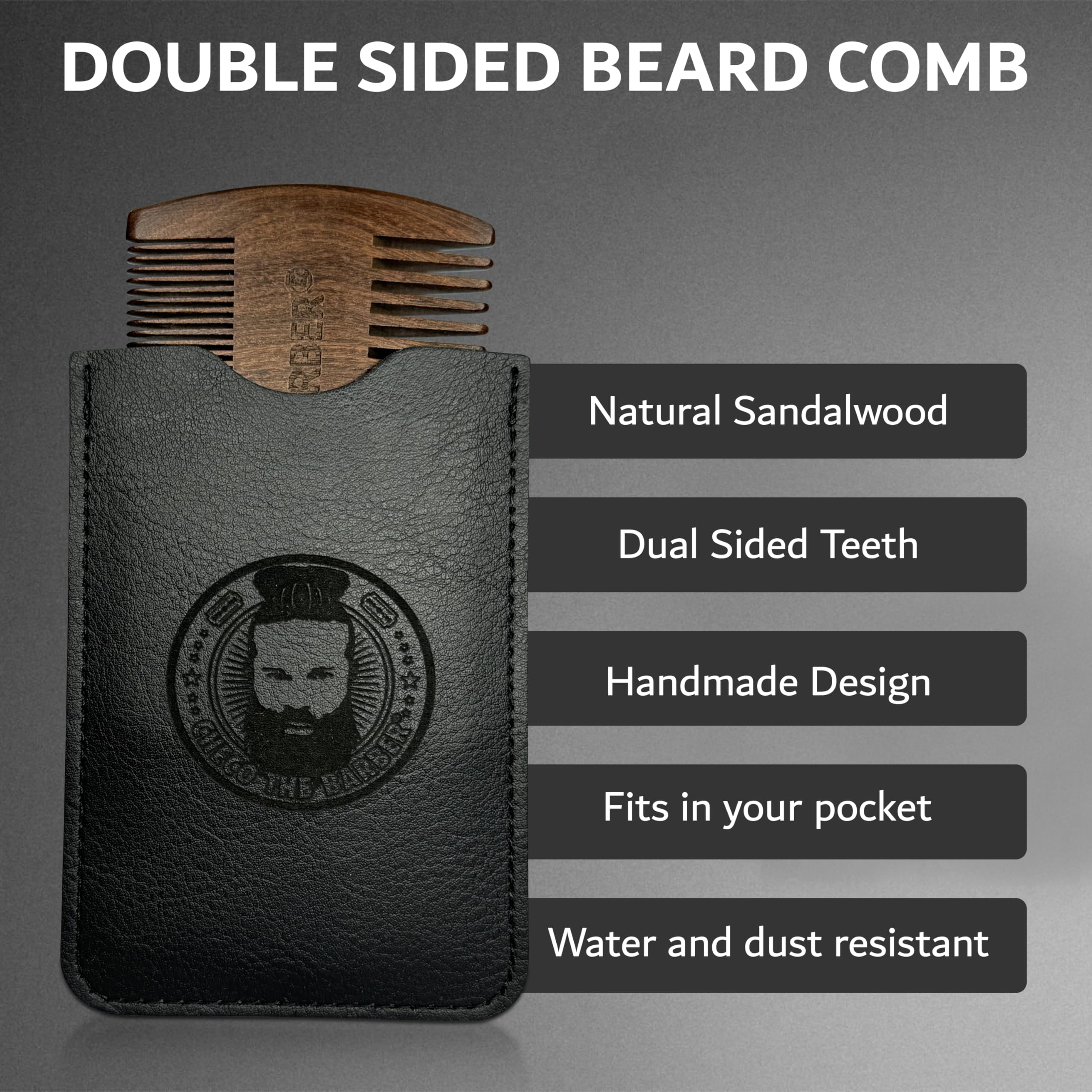 Premium Sandalwood Beard Comb for Men - Handmade Natural Wood Dual Action Fine & Coarse Teeth Comb - Perfect for Beard Balms, Oils & Grooming - Ideal for Home, Travel & Salon Use
