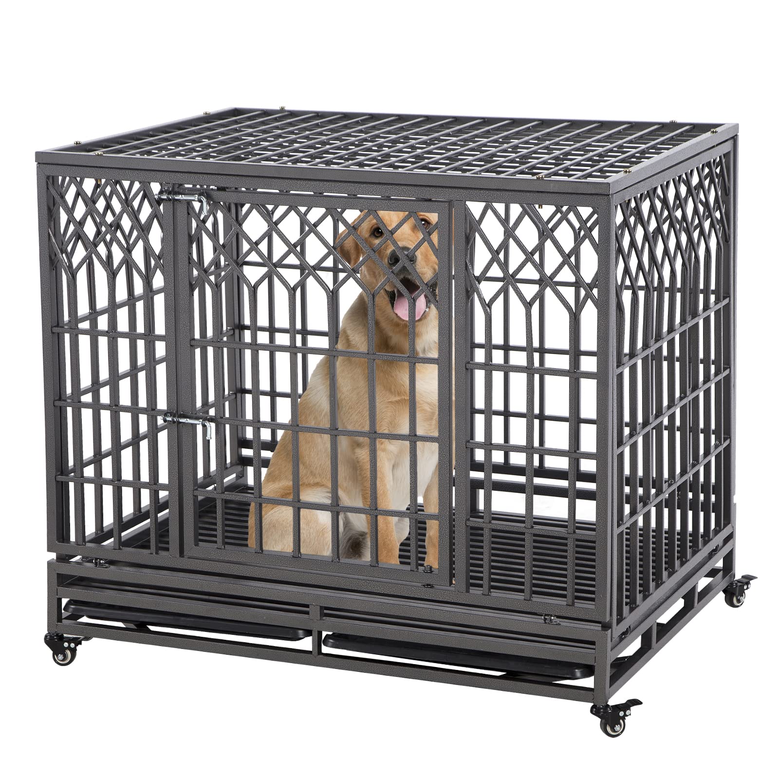 **HIDOG Heavy Duty Dog Crate - Escape Proof Metal Dog Cage for Large Dogs, XXL Pet Kennel with Wheels & Removable Tray, Double Lock Security - Indoor & Outdoor Use for Home, Travel, Camping, Vet Visits**