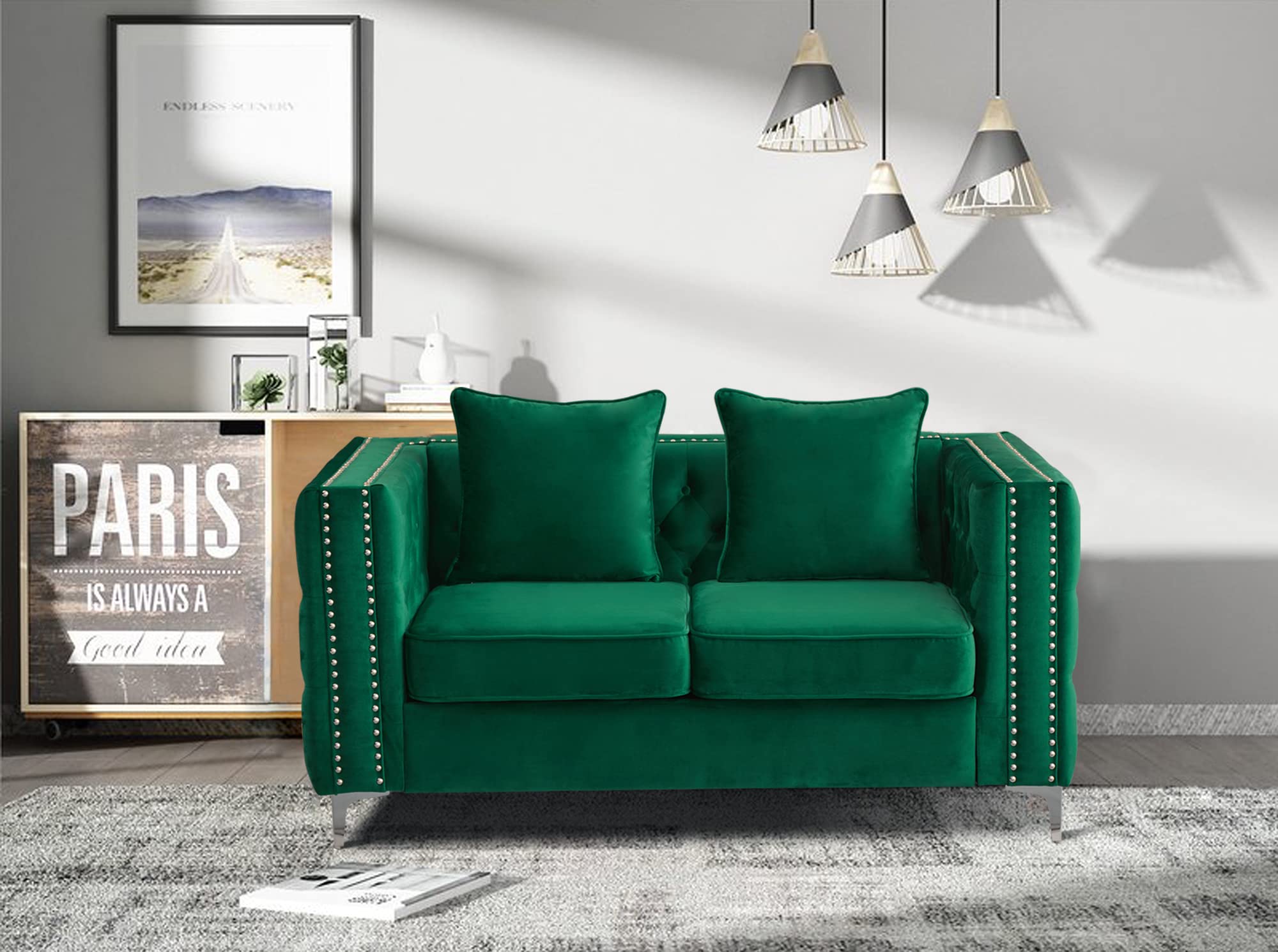 Mid-Century Modern Velvet Loveseat Sofa - Tufted Couch with Metal Legs for Living Room, Office & Bedroom - Emerald Green - Perfect for Small Spaces, Reading Nooks & Cozy Apartment Decor