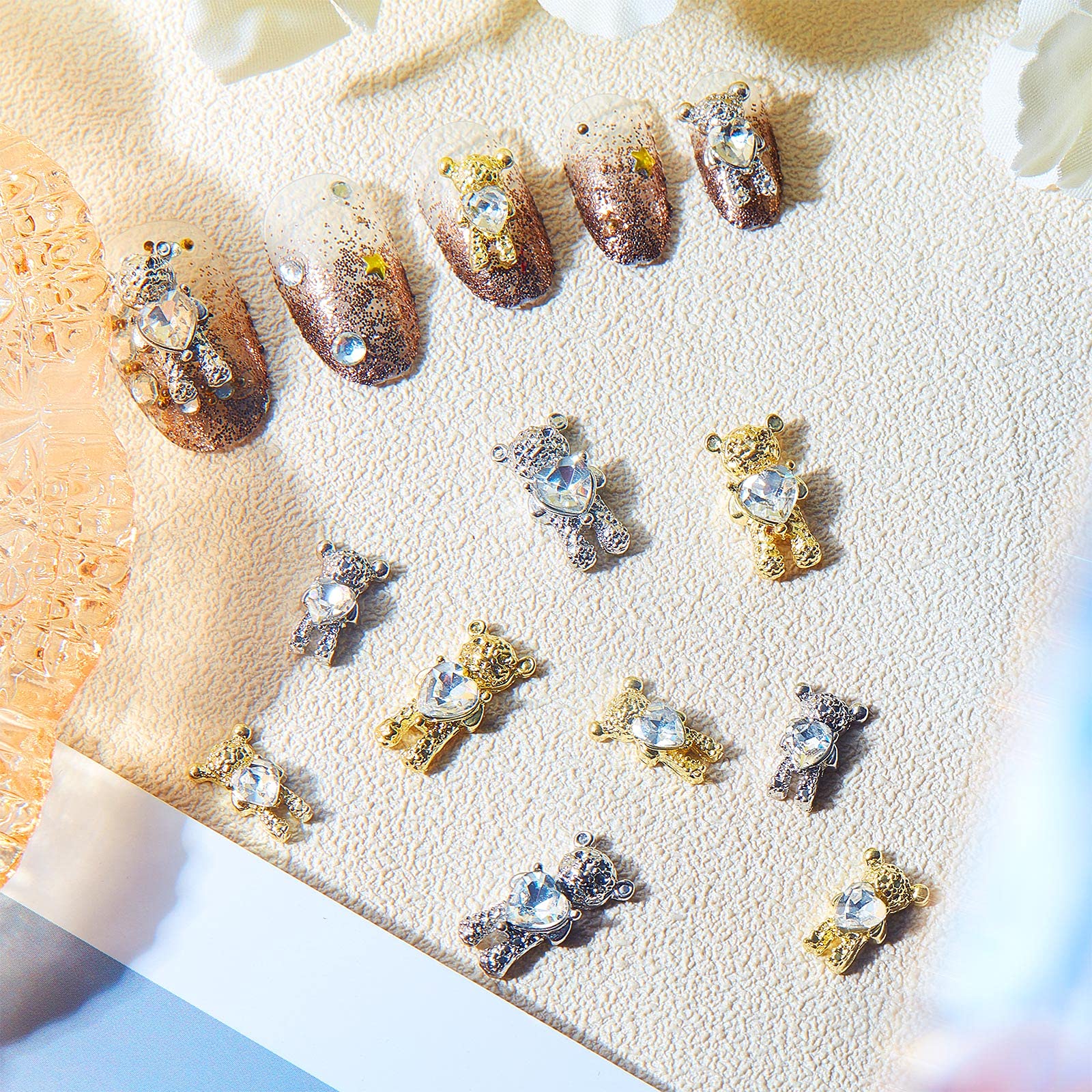 50Pcs 3D Bear Nail Art Charms - Cute Rhinestone Bear Nail Decorations for Women, Gold & Silver Alloy Manicure Accessories for DIY Nail Designs | Perfect for Parties, Weddings, and Everyday Nail Art