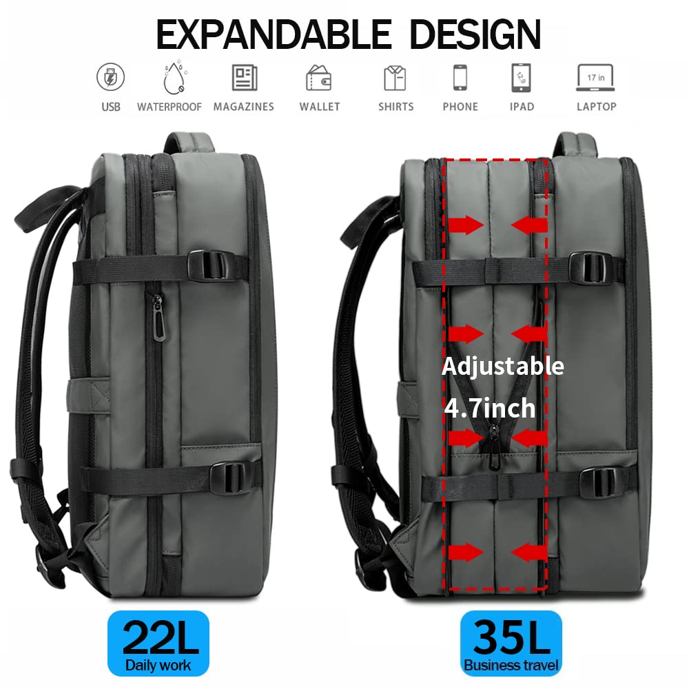 BANGE Expandable Travel Backpack 35L - Airline Approved Carry On Backpack for Women & Men, Waterproof Gym Backpack with Laptop Compartment - Perfect for Business Travel, Hiking & Daily Commute