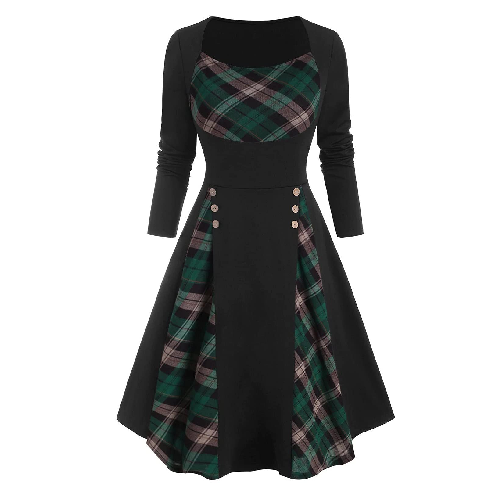 Vintage Plaid Patchwork Midi Dress for Women - Fall Wedding Guest & Cocktail Party Long Sleeve Mock Button Dress | Perfect for Holiday Parties, Date Nights & Office Wear