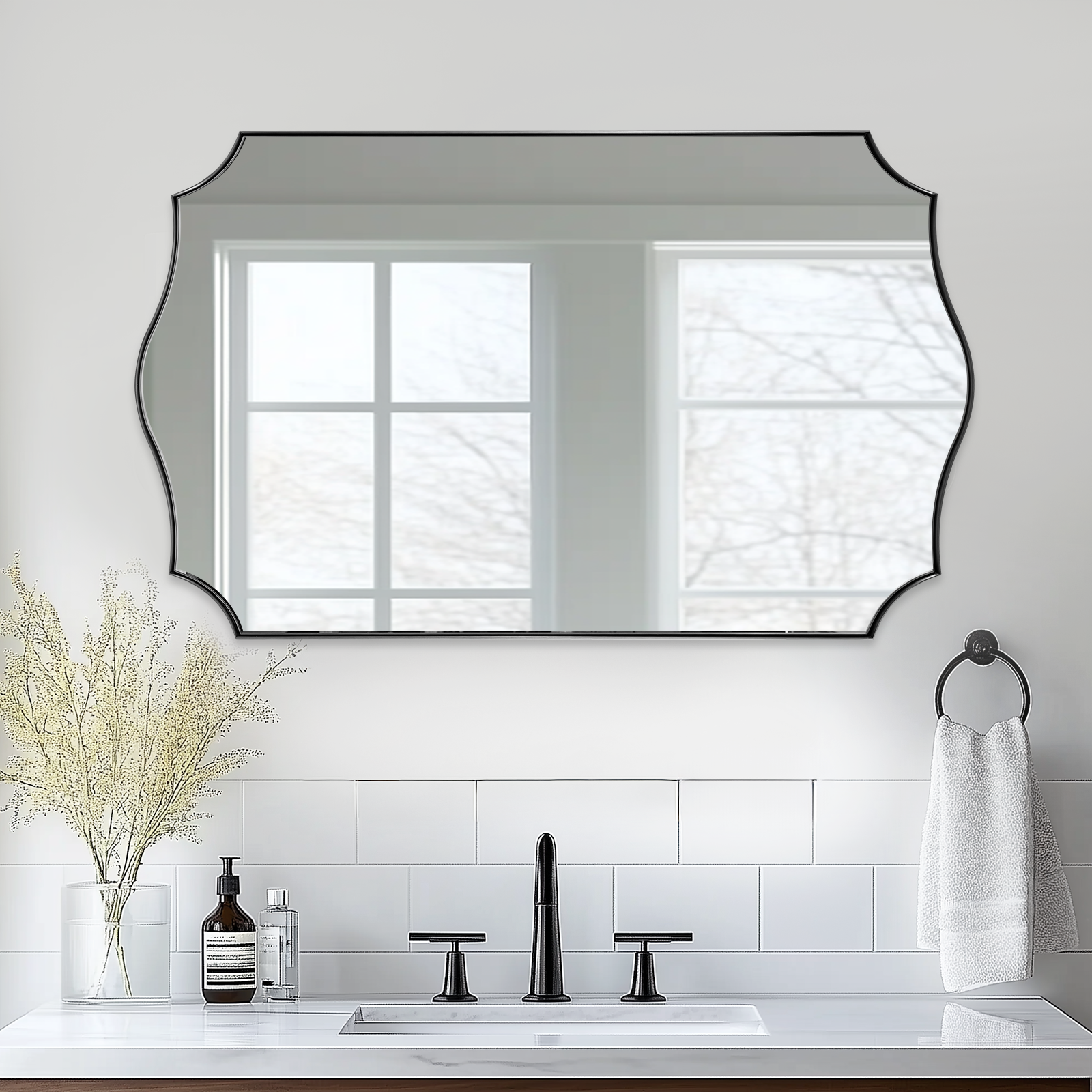 Contemporary Scalloped Rectangle Wall Mirror with Stainless Steel Frame - Elegant Home Decor for Living Room, Bedroom & Entryway