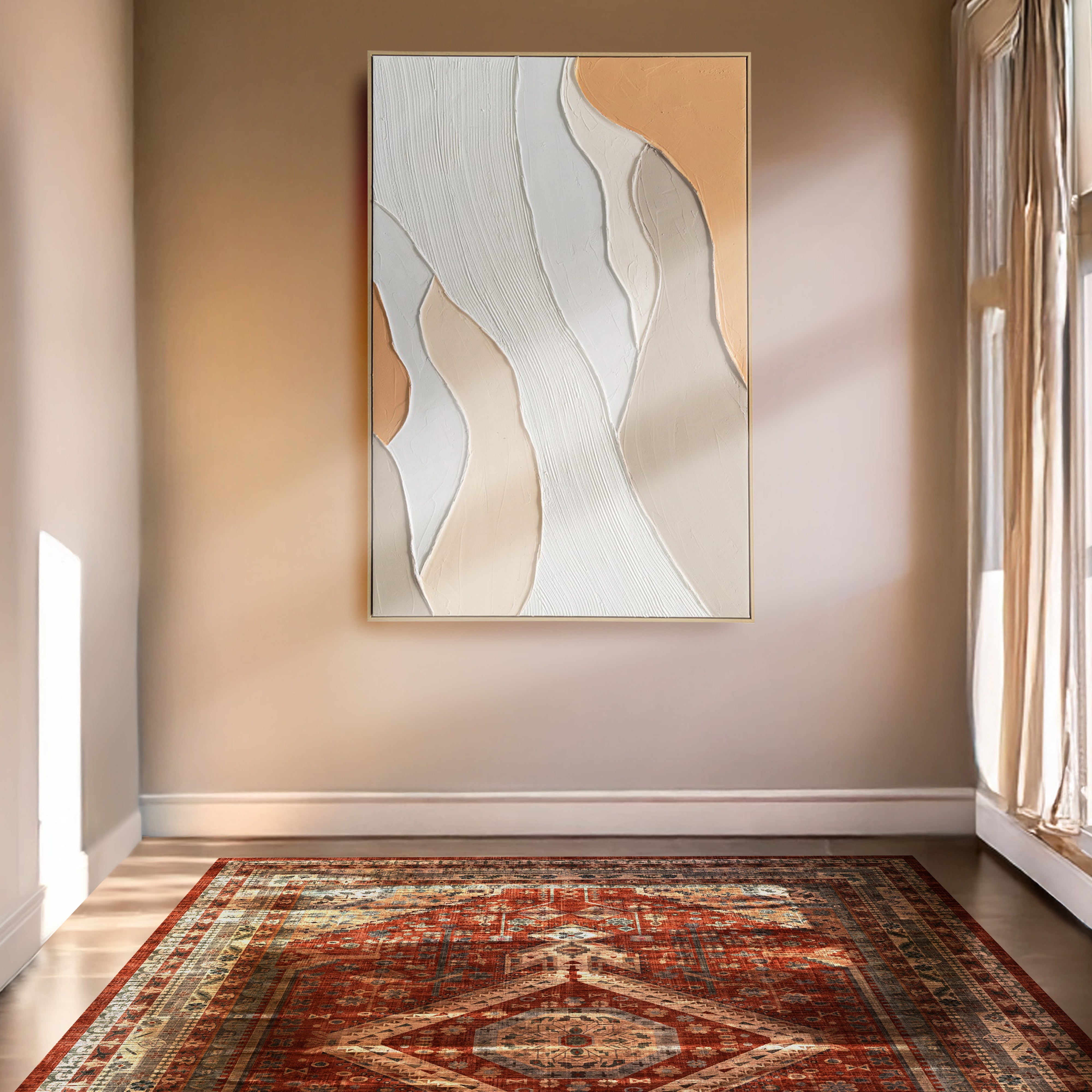 Urban Style Textured Apricot Waves Oil Painting Brushstrokes - Handmade Wall Art for Living Room, Bedroom & Office Decor