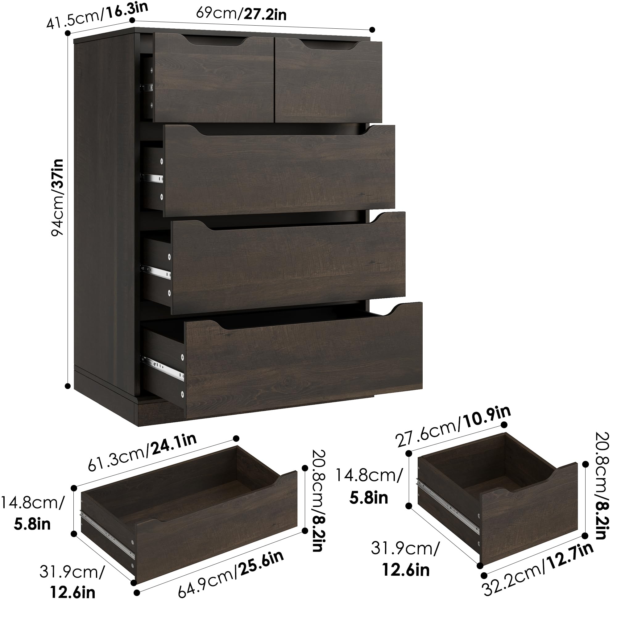 Modern 5-Drawer Wood Dresser for Bedroom - Dark Brown Storage Chest with Cut-Out Handles, Organizer Cabinet for Clothes & Accessories - Perfect for Bedroom, Living Room, Entryway & Hallway Storage Solutions