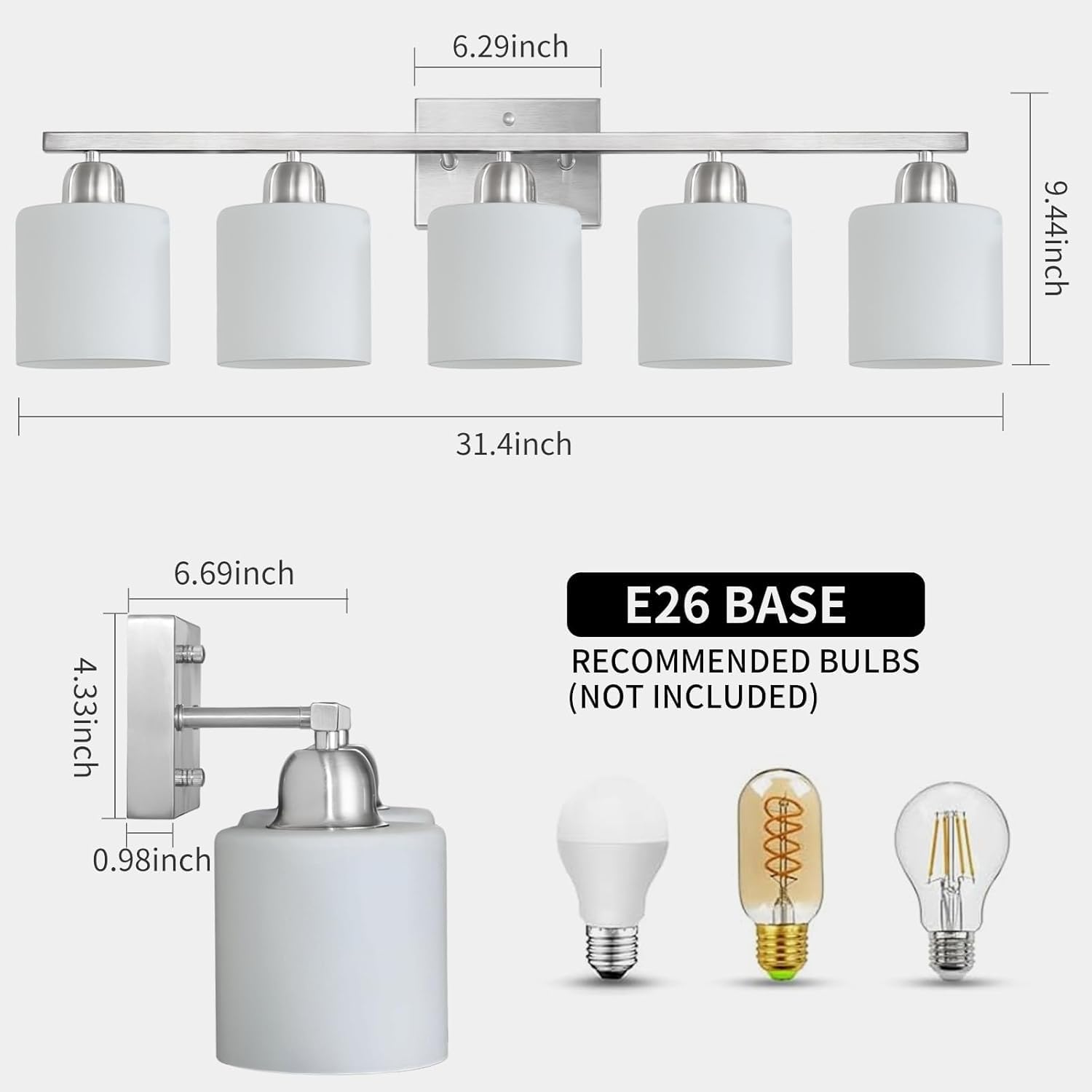 5-Light Bathroom Vanity Light Fixture Brushed Nickel with Milky White Frosted Glass Shade, E26 Base - Perfect for Bathroom Mirror, Bedroom, Living Room & Dressing Area Lighting