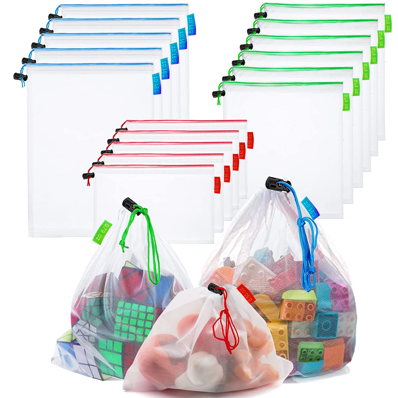 16 Pcs Mesh Small Toy Storage Bags - 3 Sizes Reusable Drawstring Organizer for Kids Playroom, Toys, Fruits & Vegetables | Perfect for Home Organization, Travel & Grocery Shopping