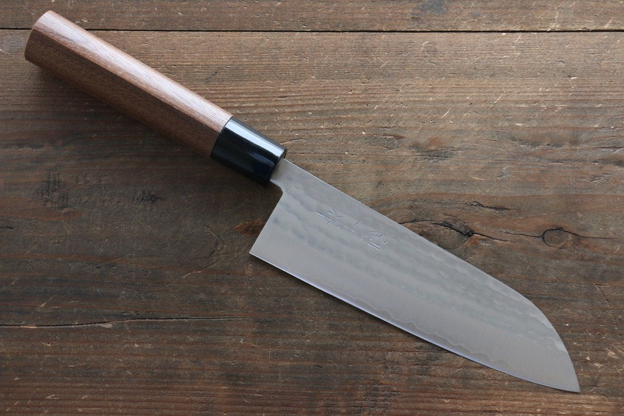 Premium Kunihira Tanzo VG1 Hammered Santoku Knife 170mm - Japanese Chef Knife with Walnut Handle - Perfect for Slicing, Dicing & Chopping Vegetables, Meat & Fish