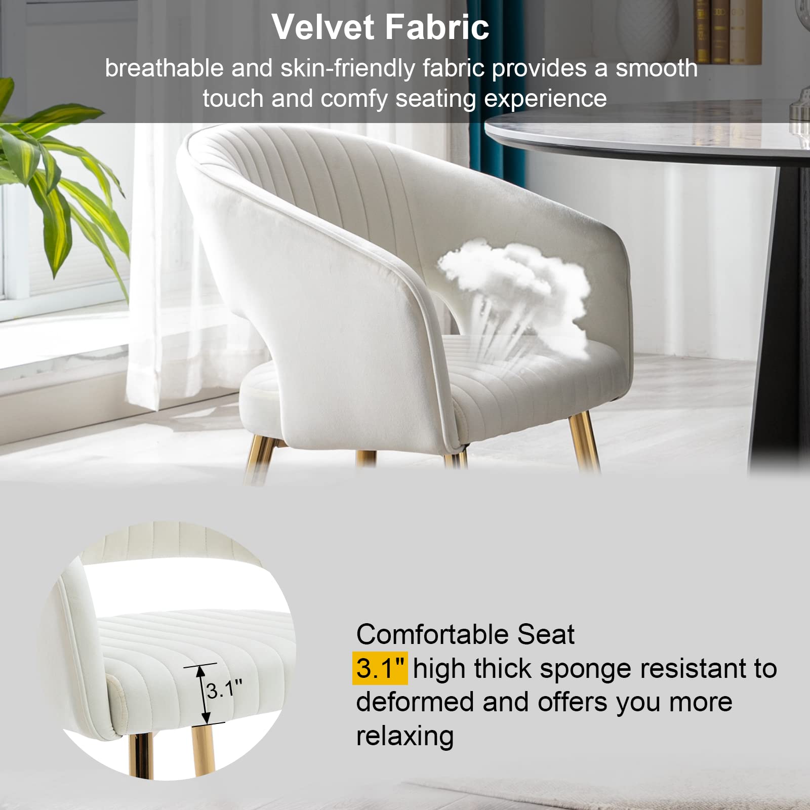 Guyou Cream Velvet Dining Chairs with Gold Legs - Set of 4 Modern Upholstered Kitchen & Dining Room Chairs, Hollow Back Accent Chairs for Living Room, Office, Restaurant & Home Decor (Cream, 4 Pack)