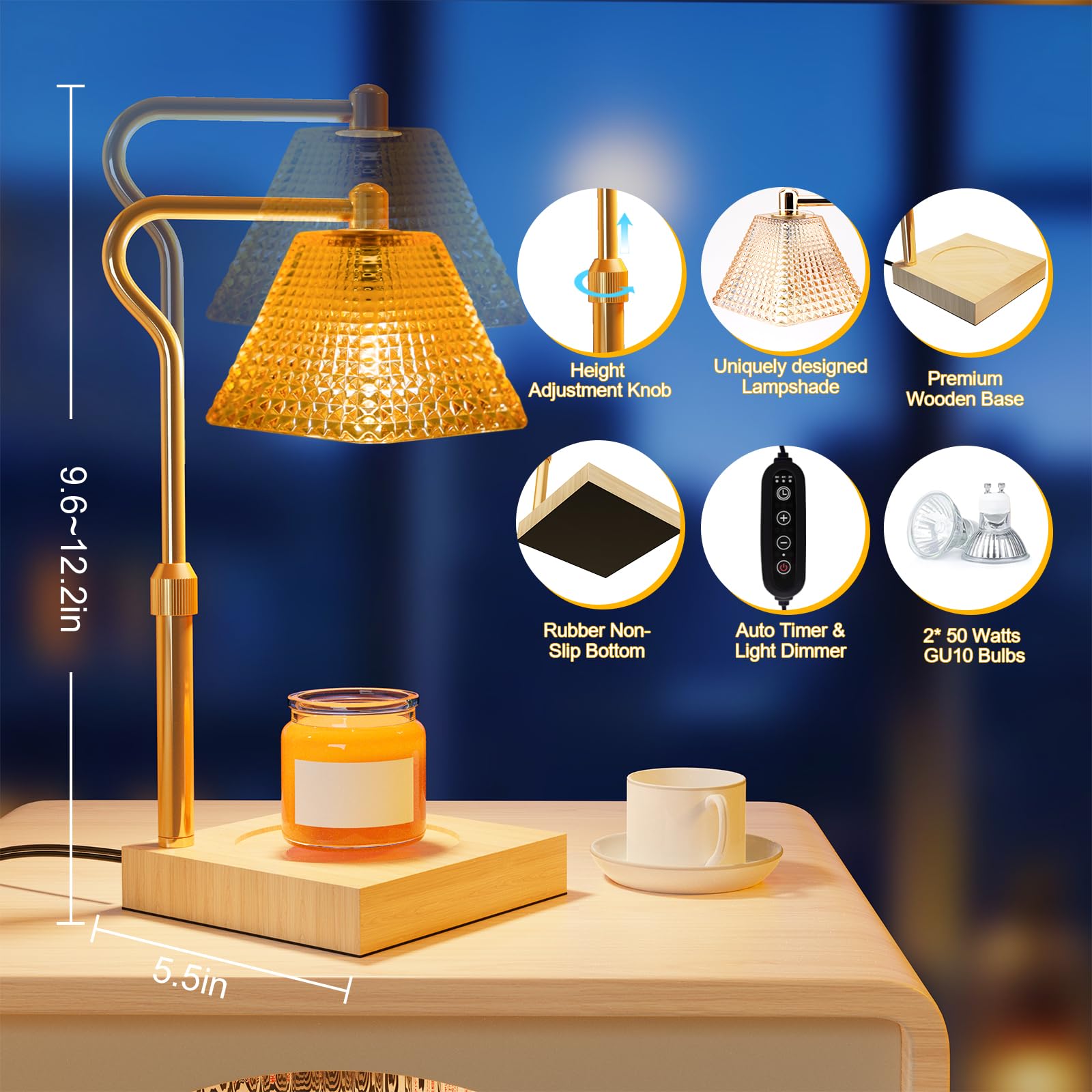 Electric Candle Warmer Lamp with Timer & Dimmer - Adjustable Height Wax Melt Warmer with 2 Bulbs - Scented Candle Heater for Home Decor & Aromatherapy - Perfect for Living Room, Bedroom, Spa & Office (Gold)