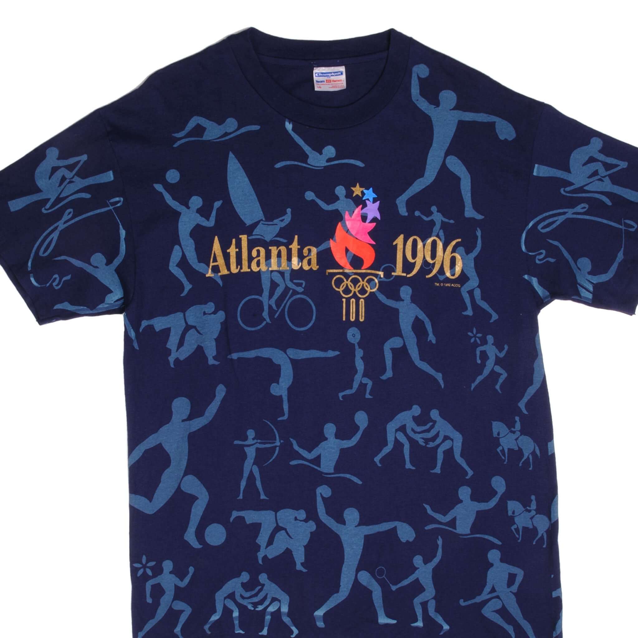 Vintage 1996 Atlanta Olympics All Over Print T-Shirt - Large Size, Made in USA - Perfect for Retro Sports Fans & Collectors