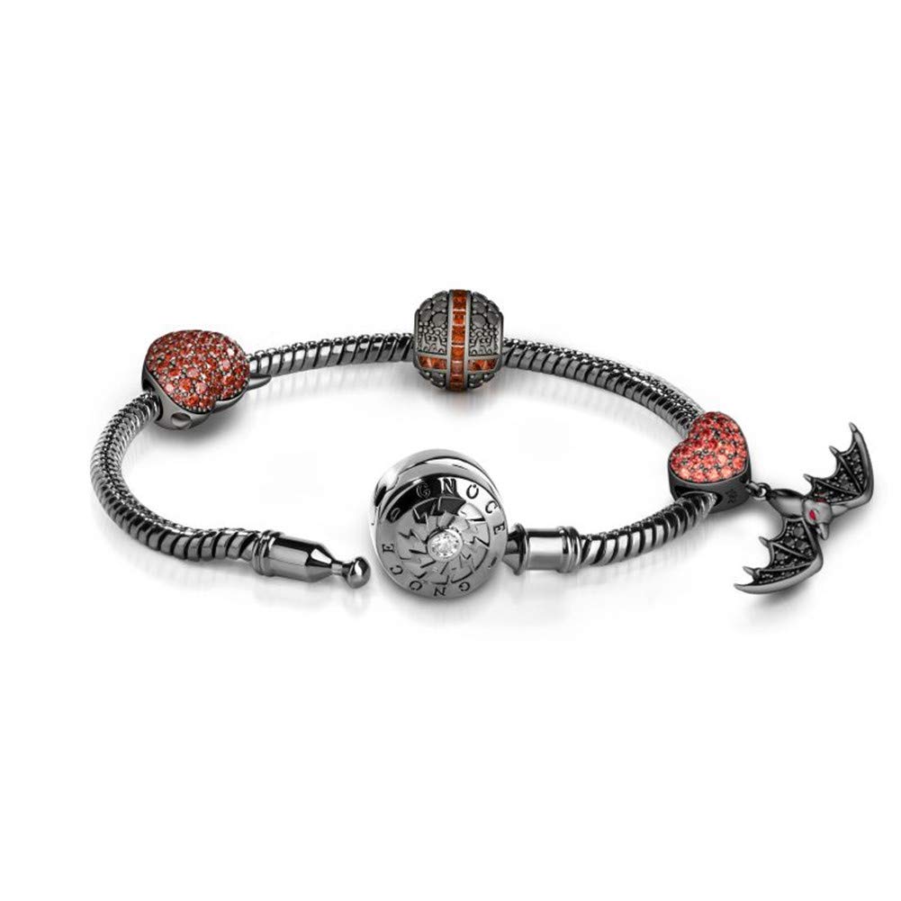 GNOCE Sterling Silver Black Plated Snake Chain Charm Bracelet with 3 Unique Skull Beads - Gothic Halloween Jewelry for Women, Perfect for Parties, Costumes & Everyday Wear