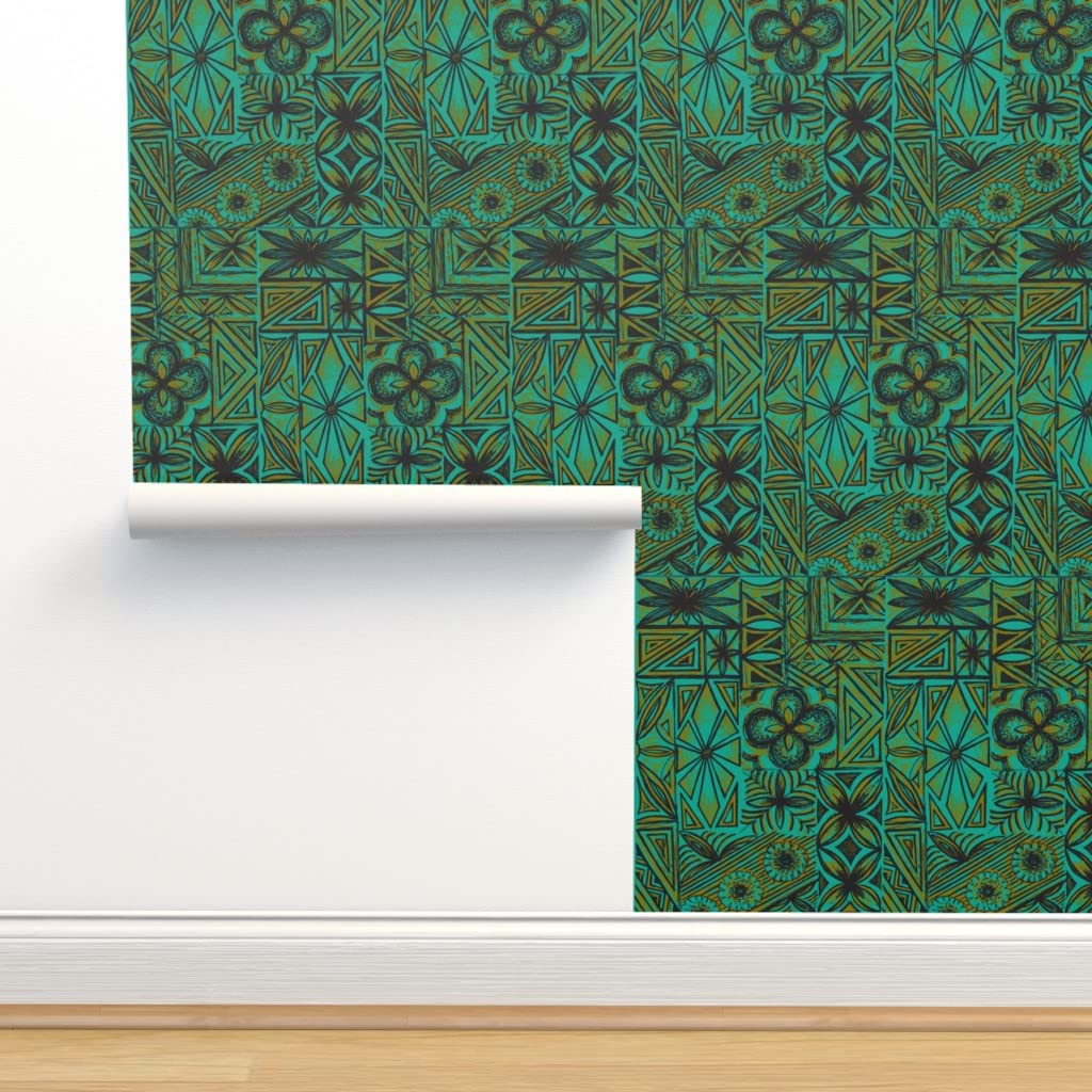 Removable Peel & Stick Wallpaper Swatch - Olive Ocean Hawaiian Vintage Tiki Mid Century Modern Black Custom Wallpaper | Perfect for Nursery, Bedroom, Kitchen & Office Decor