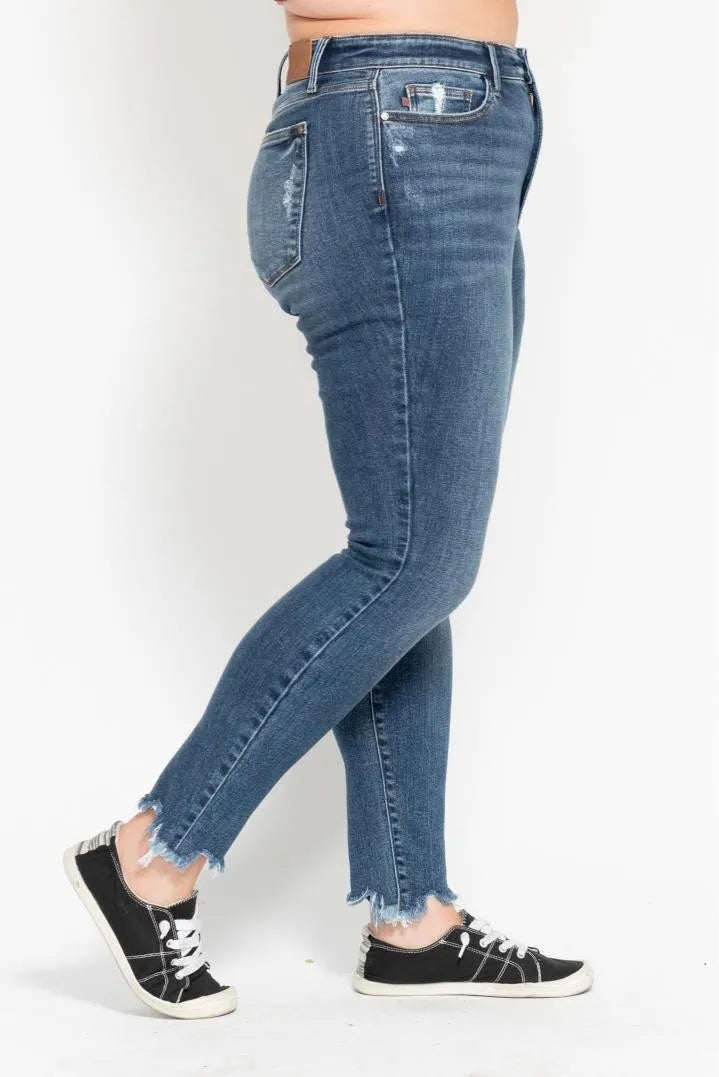 Judy Blue Plus Size High Waist Skinny Jeans with Distressed & Shark Bite Hem - Trendy Women's Denim Pants for Casual Wear & Night Out