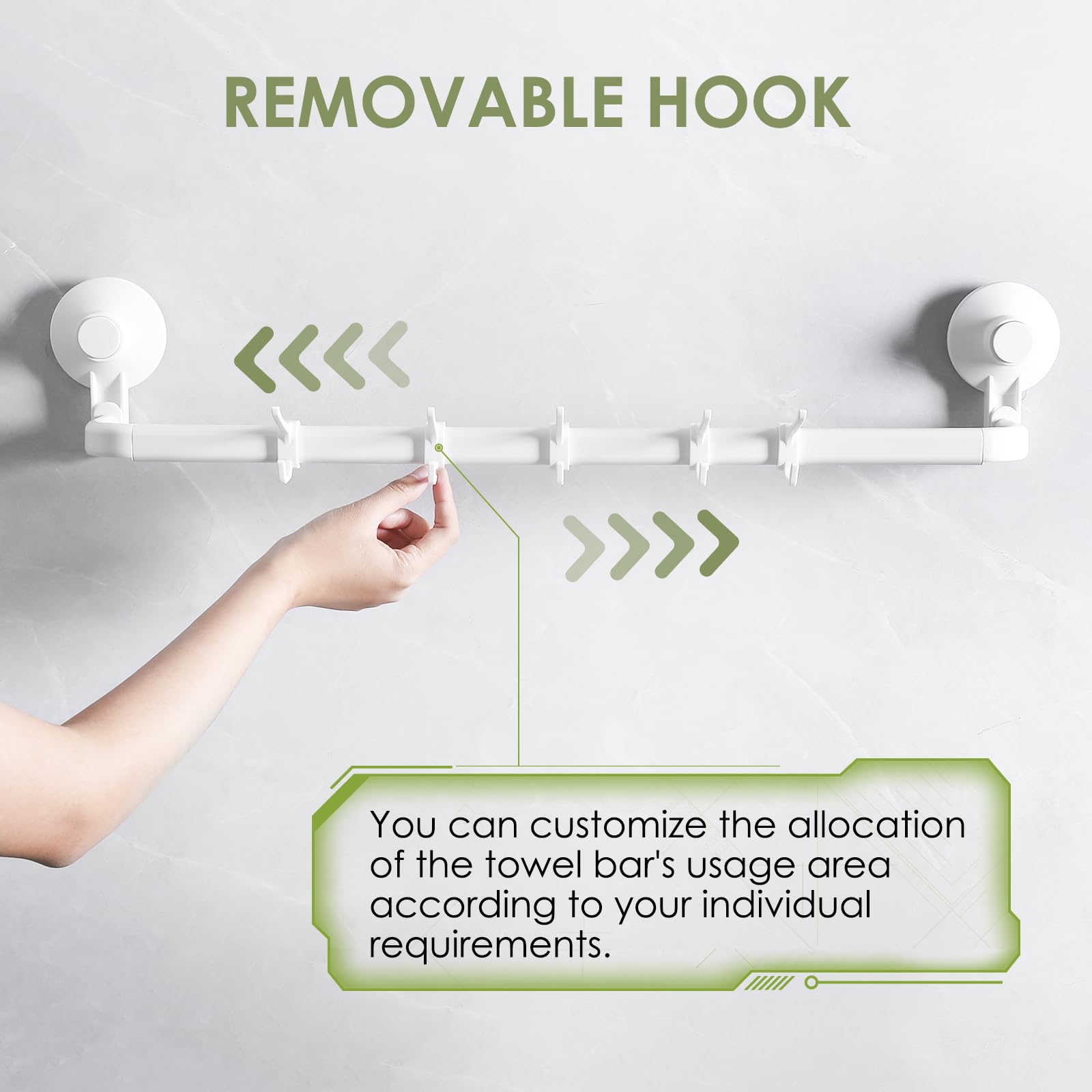 LUXEAR 24 Inch No Drill Suction Cup Towel Bar - Adhesive Bathroom Towel Holder with 5 Sliding Hooks - Wall Mounted for Shower, Bathroom, Kitchen & Door - White - Perfect for Small Spaces & Rental Homes