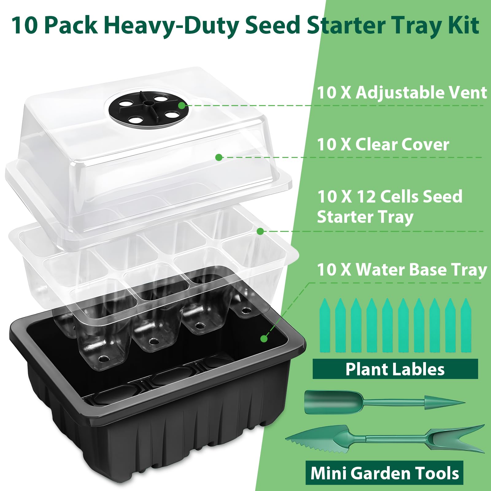 Sfee 10 Pack Seed Starter Tray Kit - 120 Cells Seedling Starter Trays with Humidity Dome & Base, Reusable Greenhouse Growing Trays with Garden Tools & Plant Labels (Black) - Perfect for Indoor Herb Gardening, Vegetable Seed Starting & Hydroponic Planting