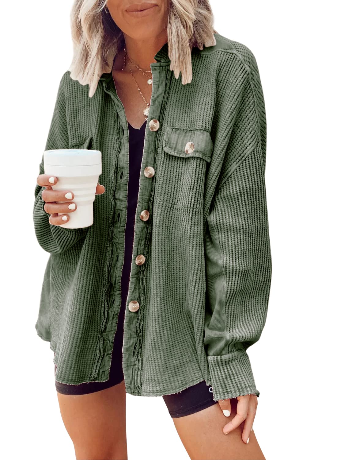 Women's Loose Fit Batwing Sleeve Waffle Knit Button Down Shirt Shacket - Casual Long Sleeve Tops for Fall & Winter Layering, Office Wear and Weekend Outfits