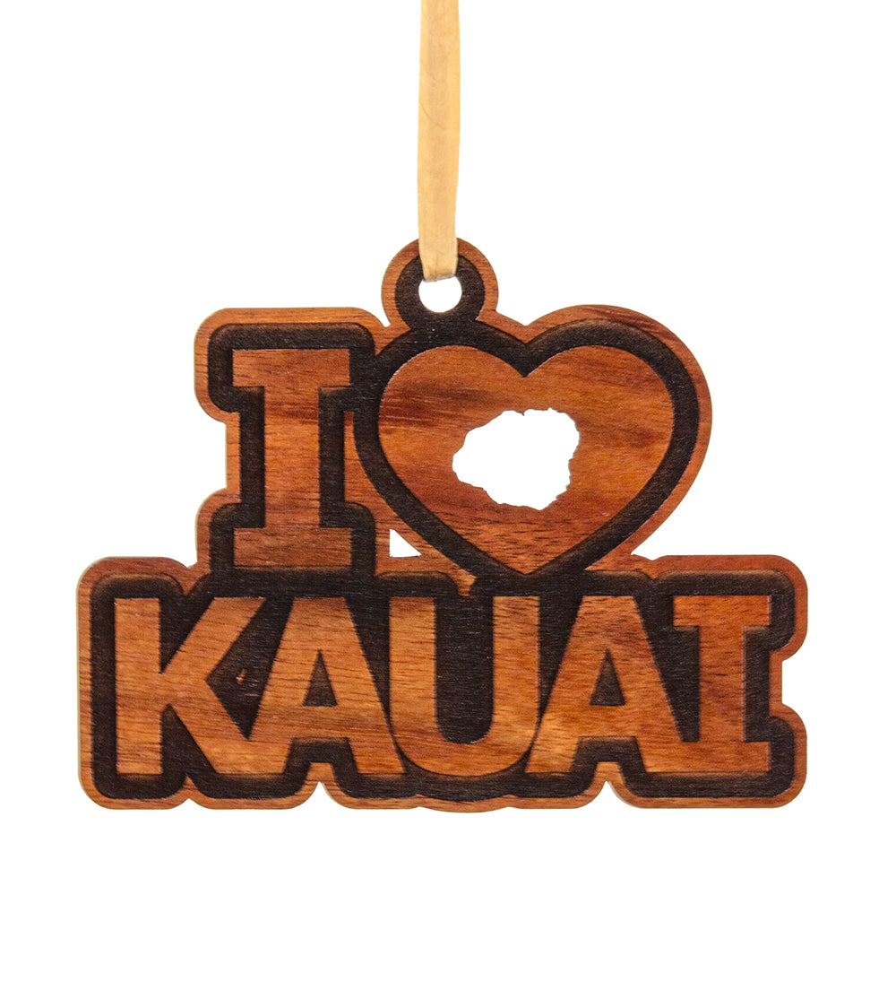 Handcrafted Koa Wood Flat Ornament - 'I Love Kauai' Hawaiian Souvenir - Perfect for Christmas Tree Decorations, Gifts & Hawaiian Home Décor