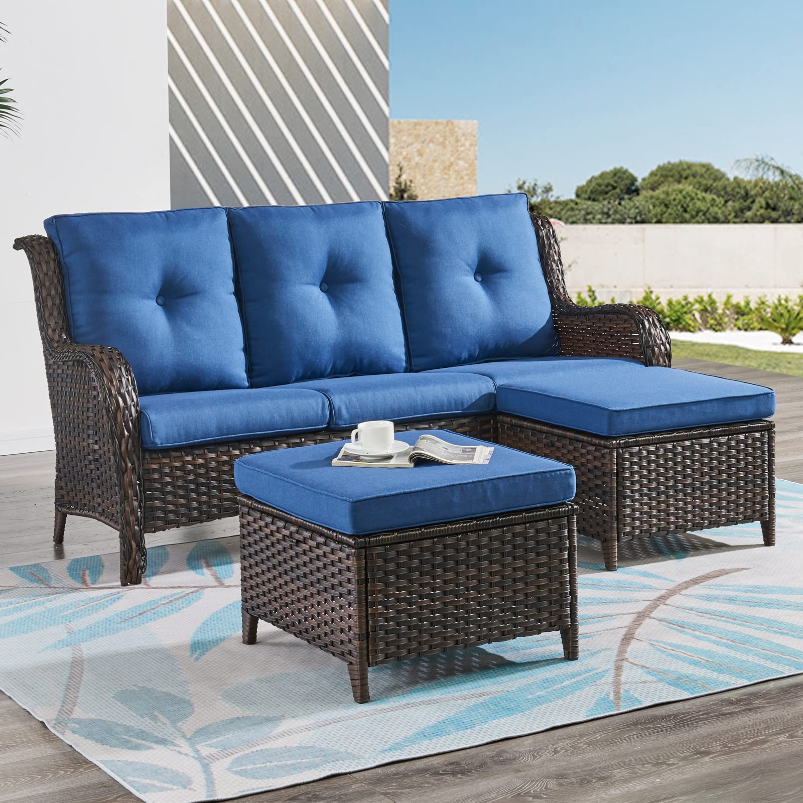 HUMMUH 3-Piece All-Weather Wicker Patio Furniture Set - Outdoor Sectional Sofa with Manual Weaving Rattan & High Curved Back - Includes Ottomans - Perfect for Backyard, Poolside & Garden Relaxation