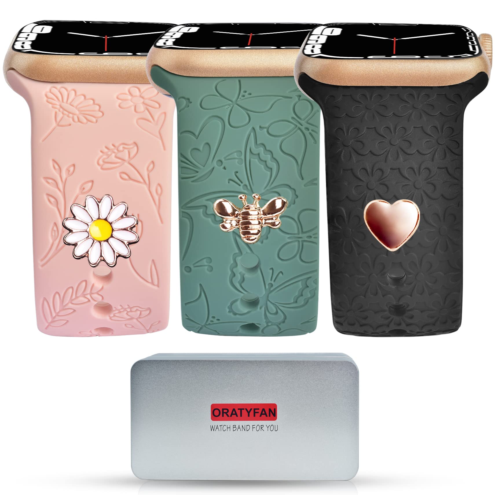 ORATYFAN Engraved Flower Charm Apple Watch Bands - Soft Silicone Sport Strap for Women & Kids - Compatible with iWatch Series SE/8/7/6/5/4/3/2/1 (38mm 40mm 41mm) - Perfect Gift for Fitness, Workouts & Everyday Wear