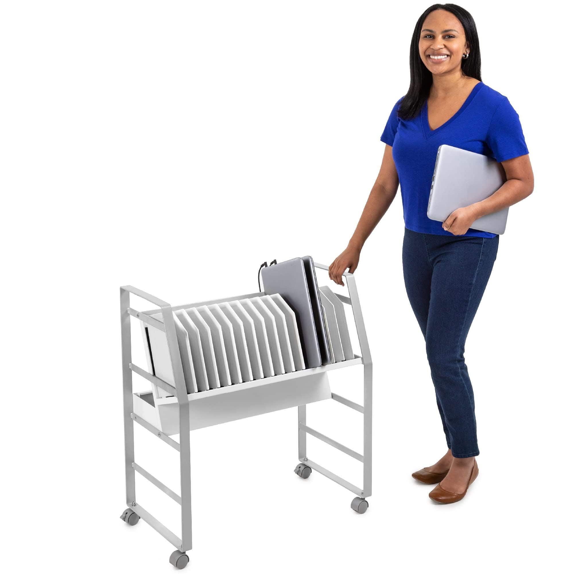 16-Device Mobile Charging Station with UL-Certified Surge Protection | Rolling Steel Cart for Laptops, Tablets & Chromebooks | Open Design with Dividers | Portable Charging Stand (White) - Perfect for Classrooms, Offices & Home Workspaces