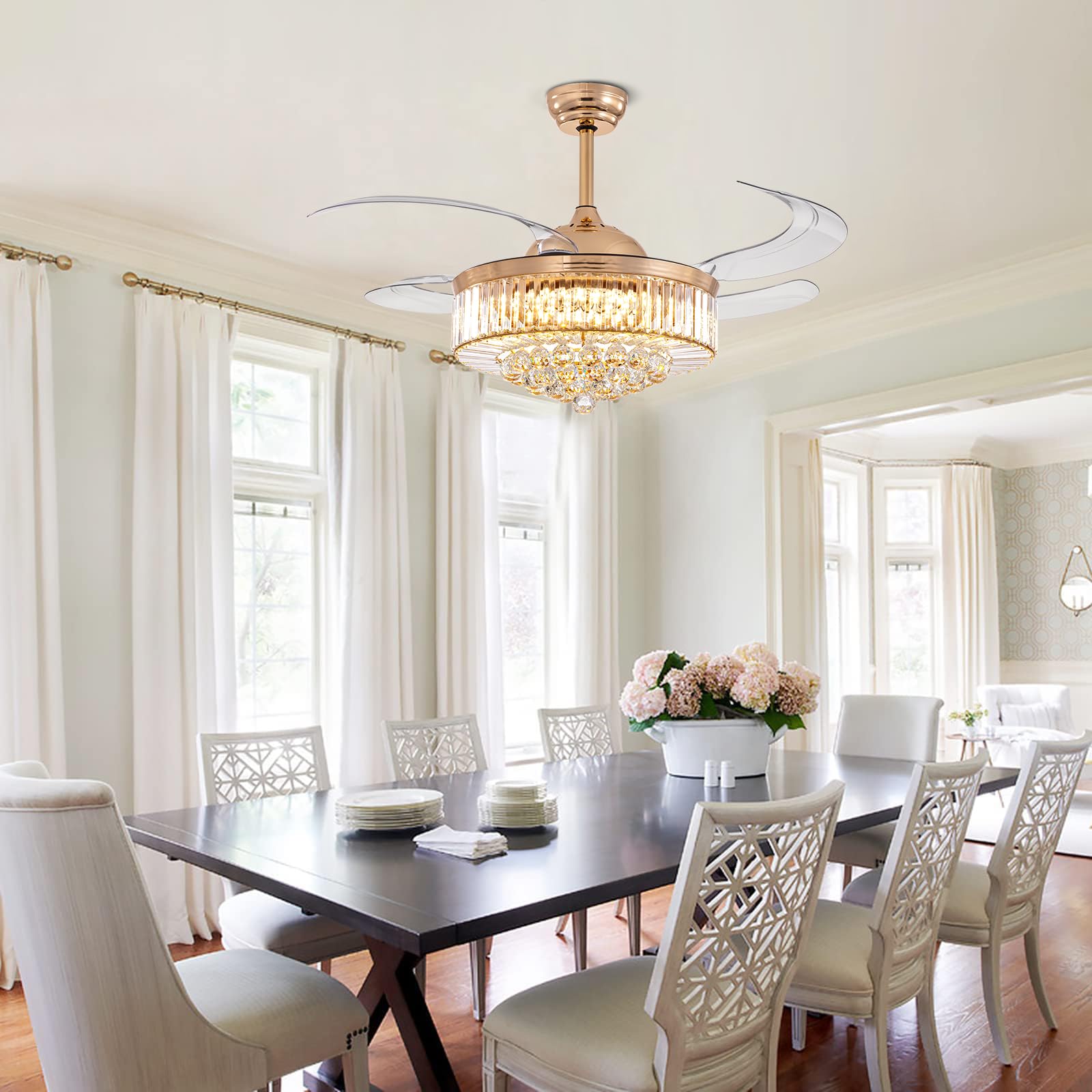 48 Inch Crystal Ceiling Fan with Light and Remote Control - Modern Dimmable Fandelier, Invisible Retractable Chandelier Fan in Gold Finish - Perfect for Bedroom, Living Room, Dining Room and Home Office Decor