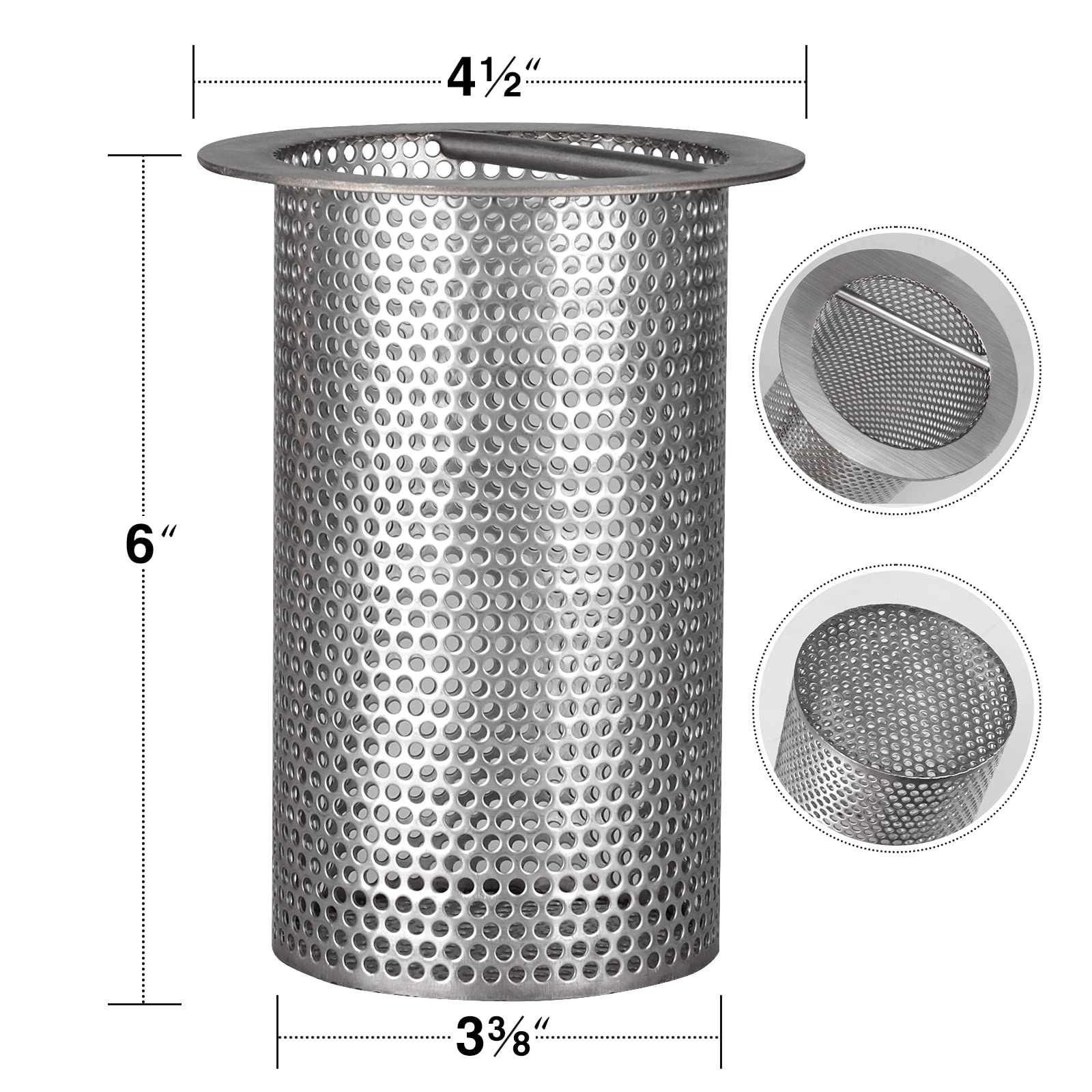 4 Inch Commercial Floor Drain Strainer - 6 Inch High, Heavy Duty Stainless Steel with Fine Polish - Ideal for Restaurant, Garage, Basement & Shower Drainage