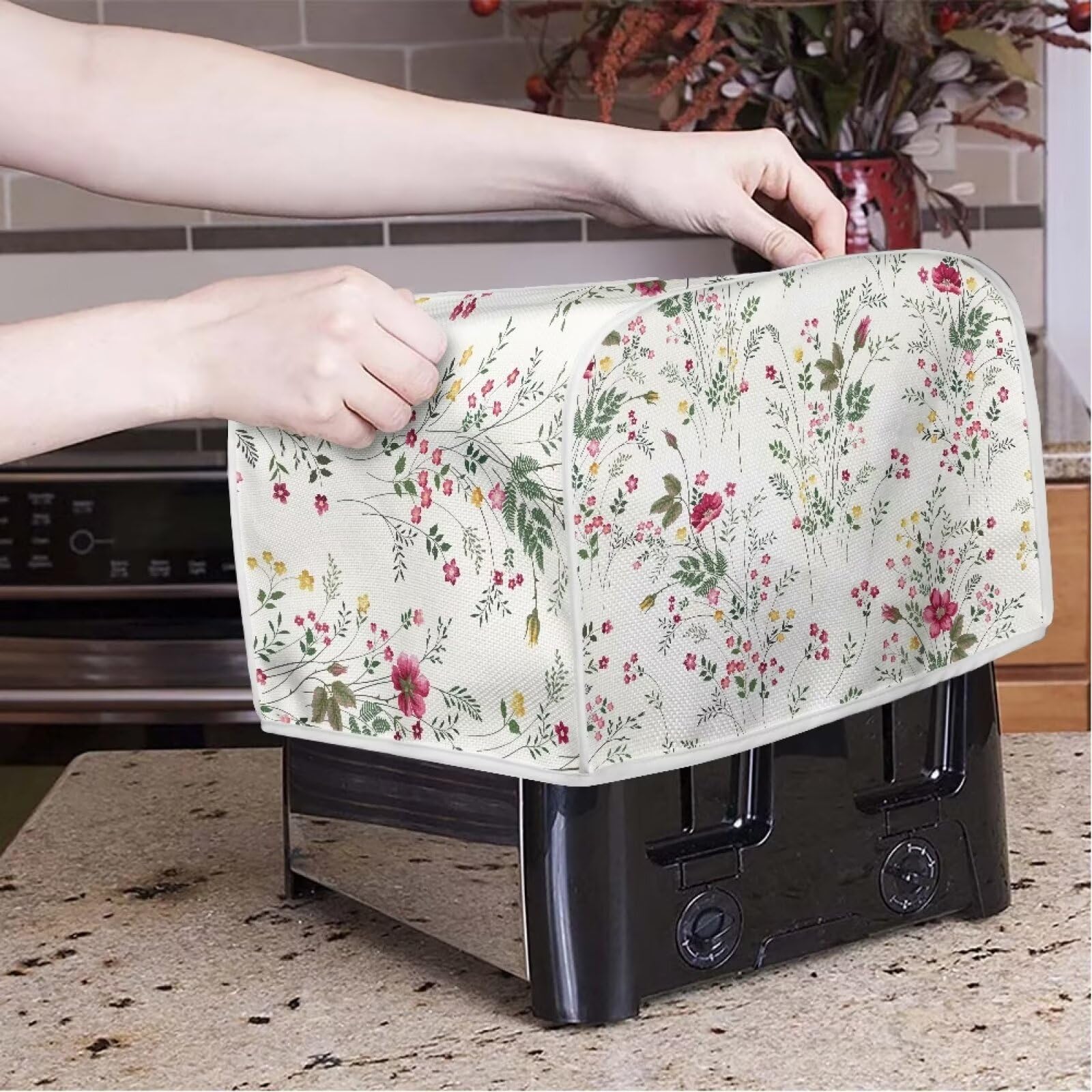 ZDCUSTOM Floral 4 Slice Toaster Cover - Kitchen Appliance Dust Protector for Toasters & Bread Makers - Cute Bakeware Accessory for Home & Restaurant Use