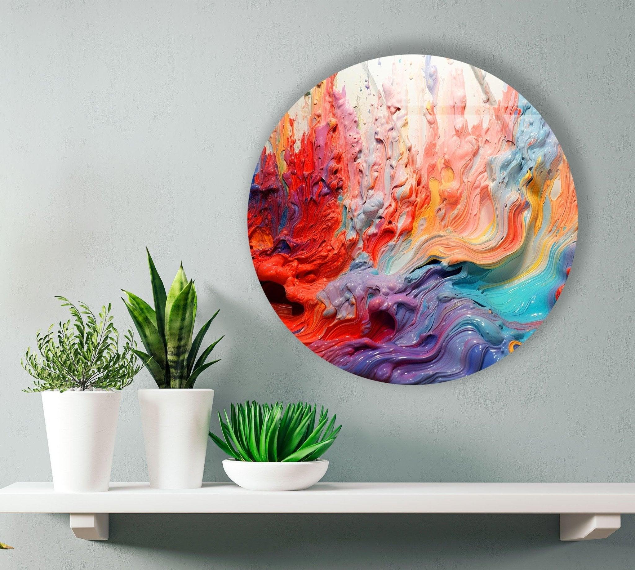 Abstract Round Pink Oil Art Glass Wall Decor - Modern Handmade Glass Painting for Living Room, Bedroom & Office
