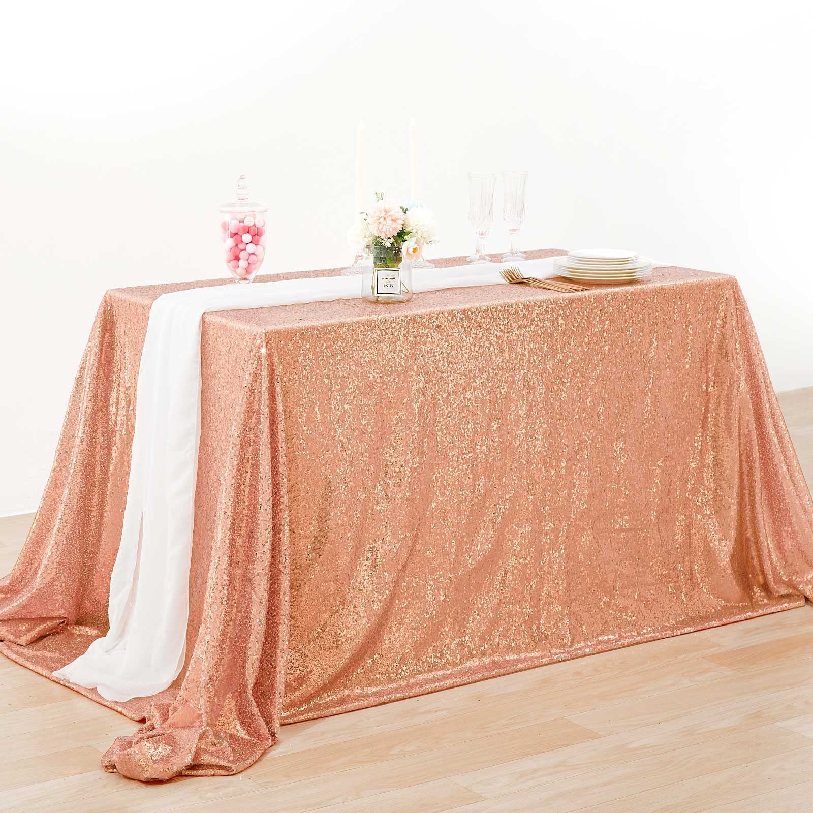QueenDream 60x102 Inch Sequin Tablecloth - Sparkly Rose Gold Table Cover for Wedding, Birthday Party Decorations | Perfect for Cake Tables, Buffets, and Special Event Centerpieces