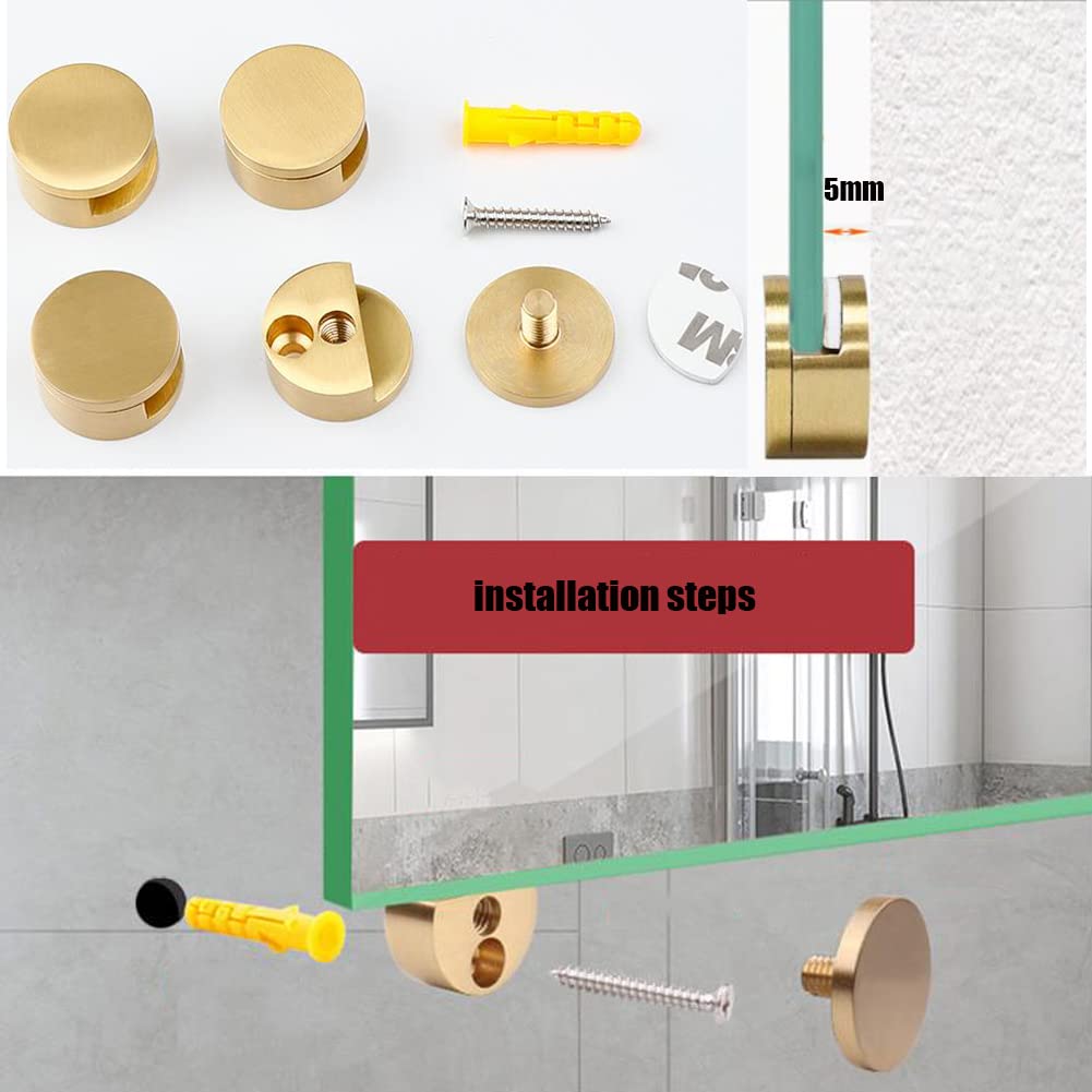 5-11mm Gold Pure Copper Mirror Clips - Wall Mounted Mirror Hangers for Bathroom, Dresser & Vanity (Set of 4) - Secure Glass Clamps for Home Decor & Interior Design