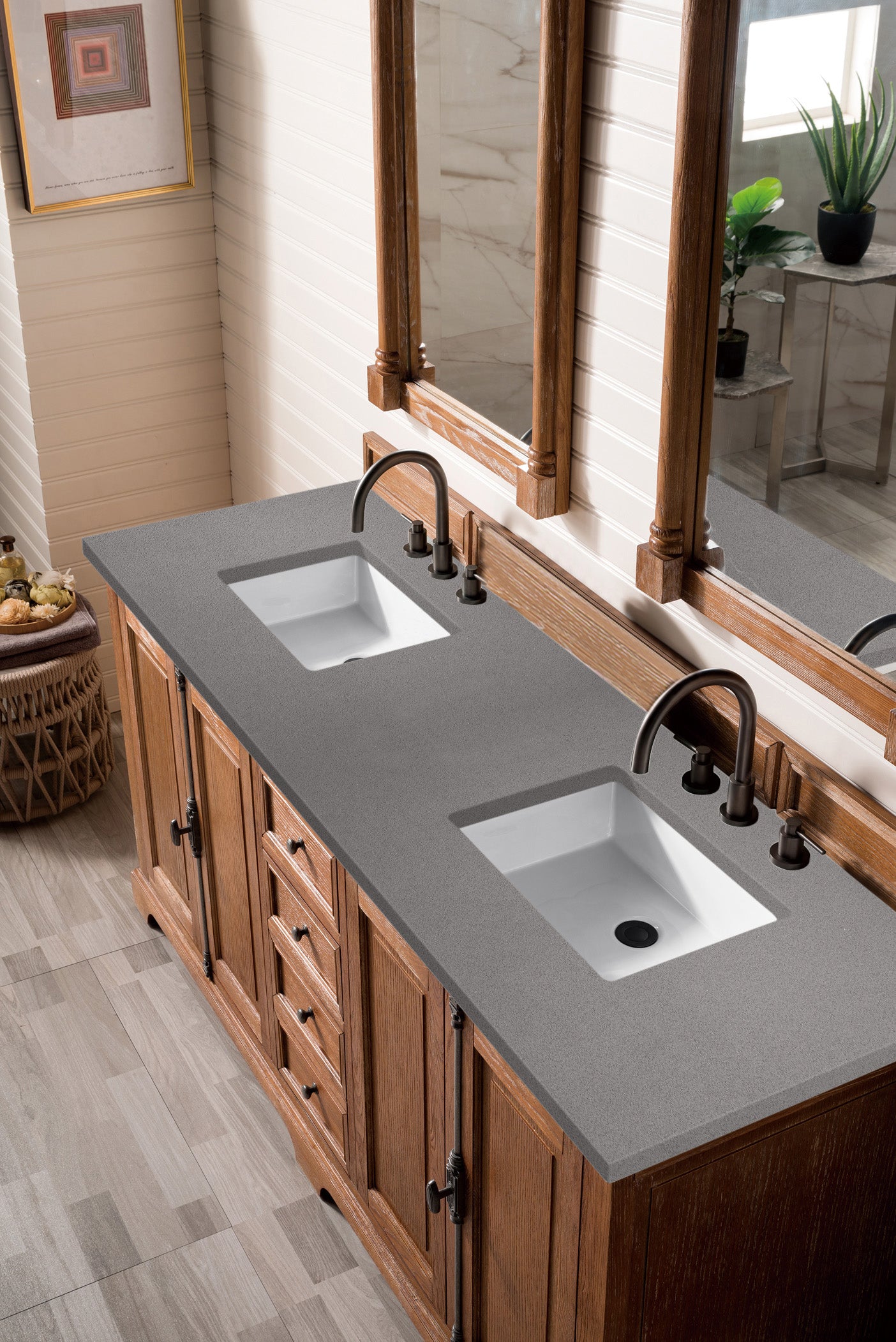 Providence 72 Inch Double Vanity Cabinet with Driftwood Finish & 3CM Grey Expo Quartz Top - Perfect for Modern Bathroom Renovations & Master Suite Upgrades