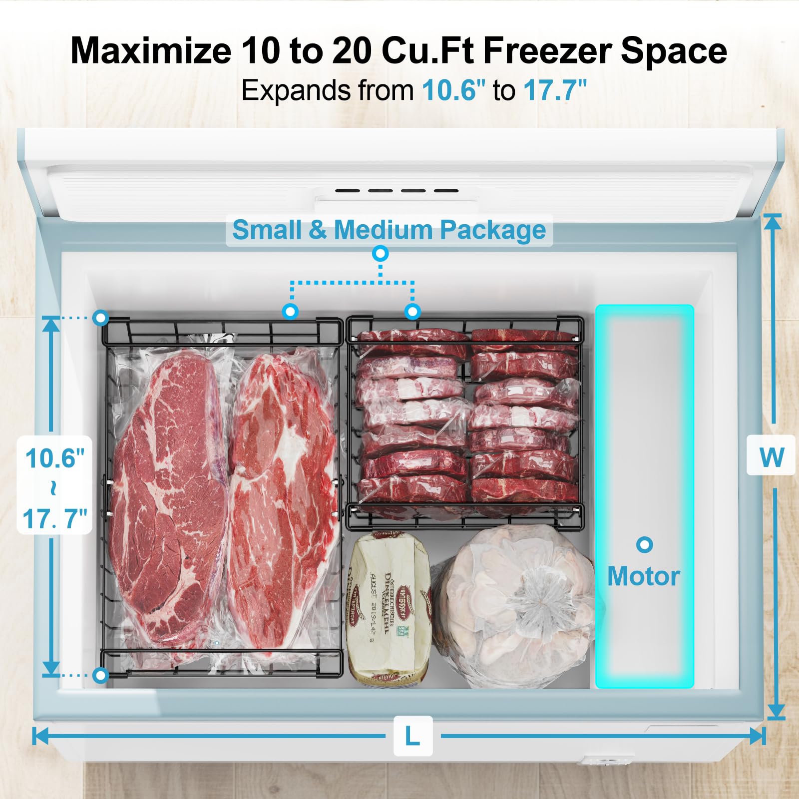 iSPECLE 3-Pack Large Expandable Stackable Deep Freezer Organizer Bins for 10-20 Cu.FT Chest Freezers - Black Freezer Storage Containers with Handles for Frozen Food Organization, Improves Air Circulation - Perfect for Meal Prep, Bulk Food Storage & Home Kitchen Organization